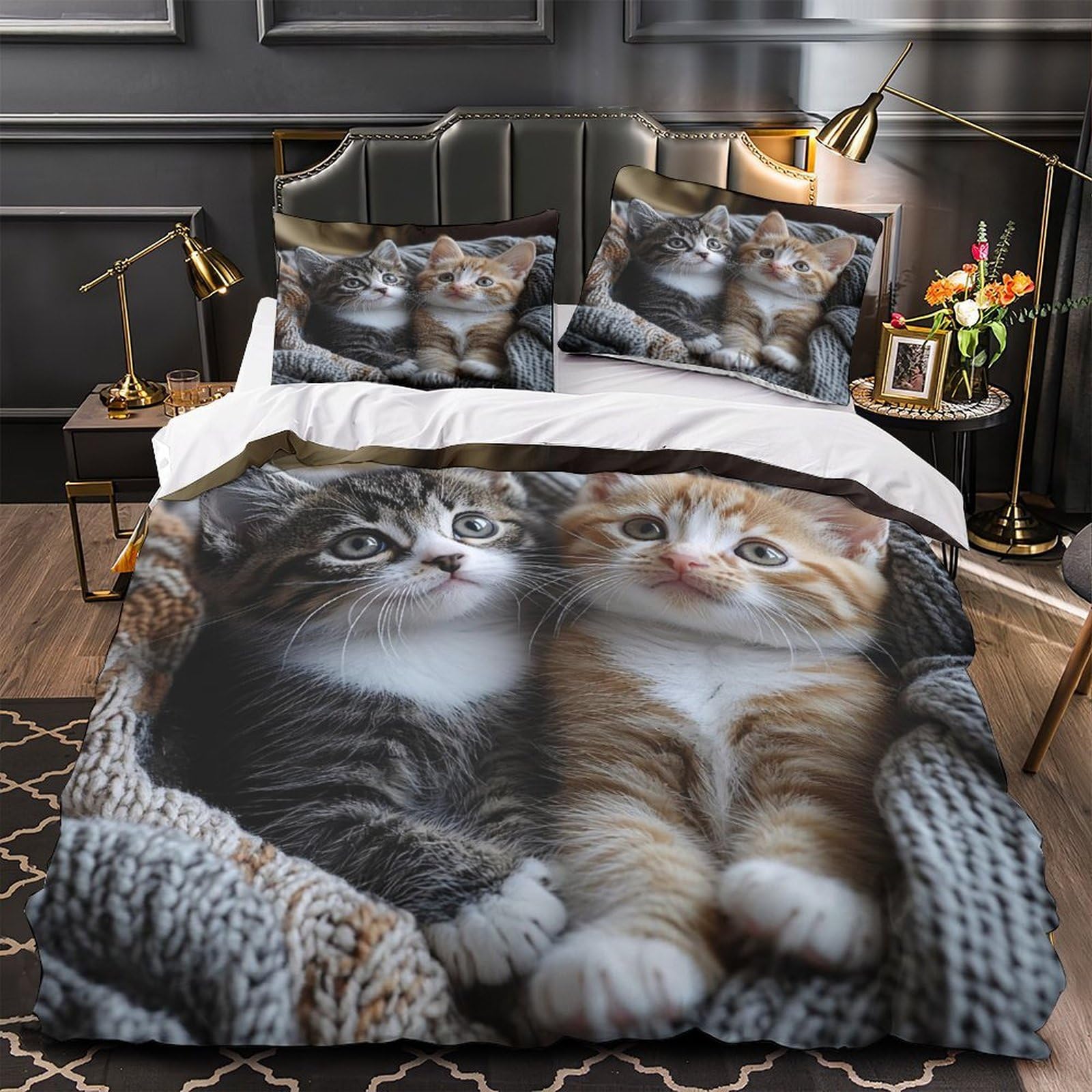 Housse de Couette Chatons Hypoallergique Parure Lit Microfibre Anti-Acariens