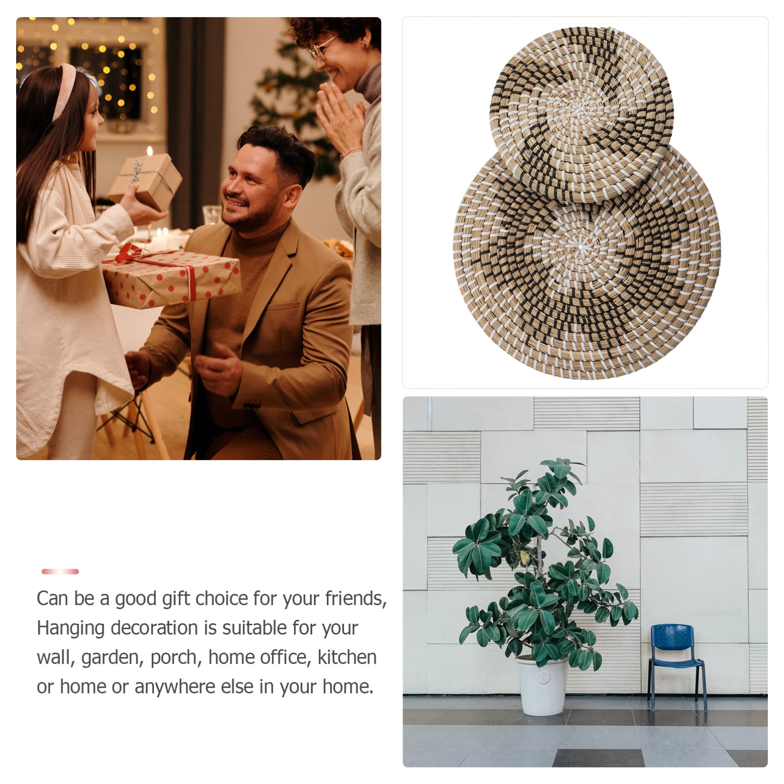 Wakauto 2pcs Grass Weave Geometric Pattern Wall Decorative Pendant Set Shape Home Decor for Living Room Bedroom Beige Woven Wall Hanging Art for Friends