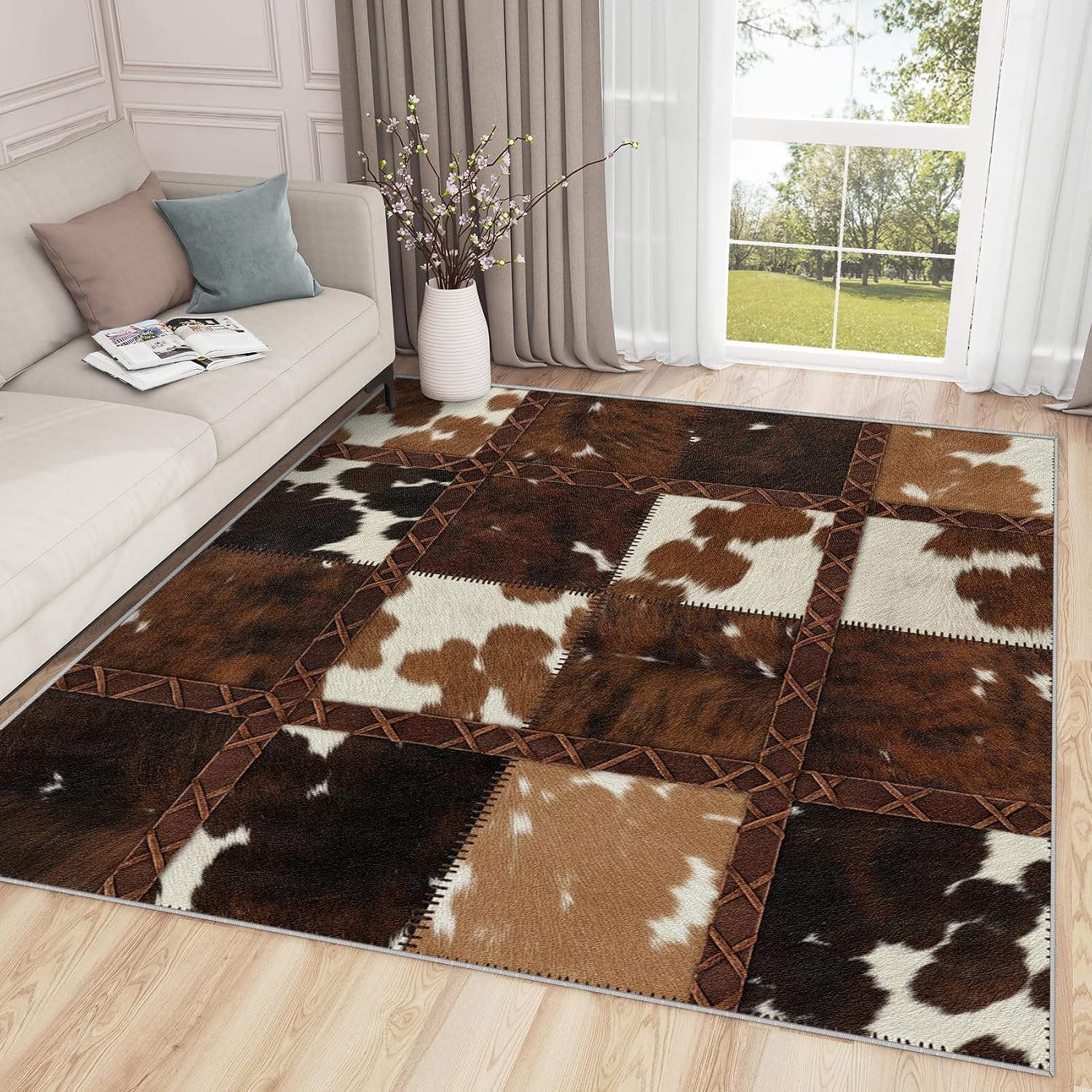 Cowhide Rugs for Living Room - Rustic Western Rug, 3x4 Rug, Cow Print Patchwork Area Rug, Cowboy Faux Cowhide Washable Non Slip Rugs, Animal Print Carpet - Home Decor, Western Gifts for Women image 4