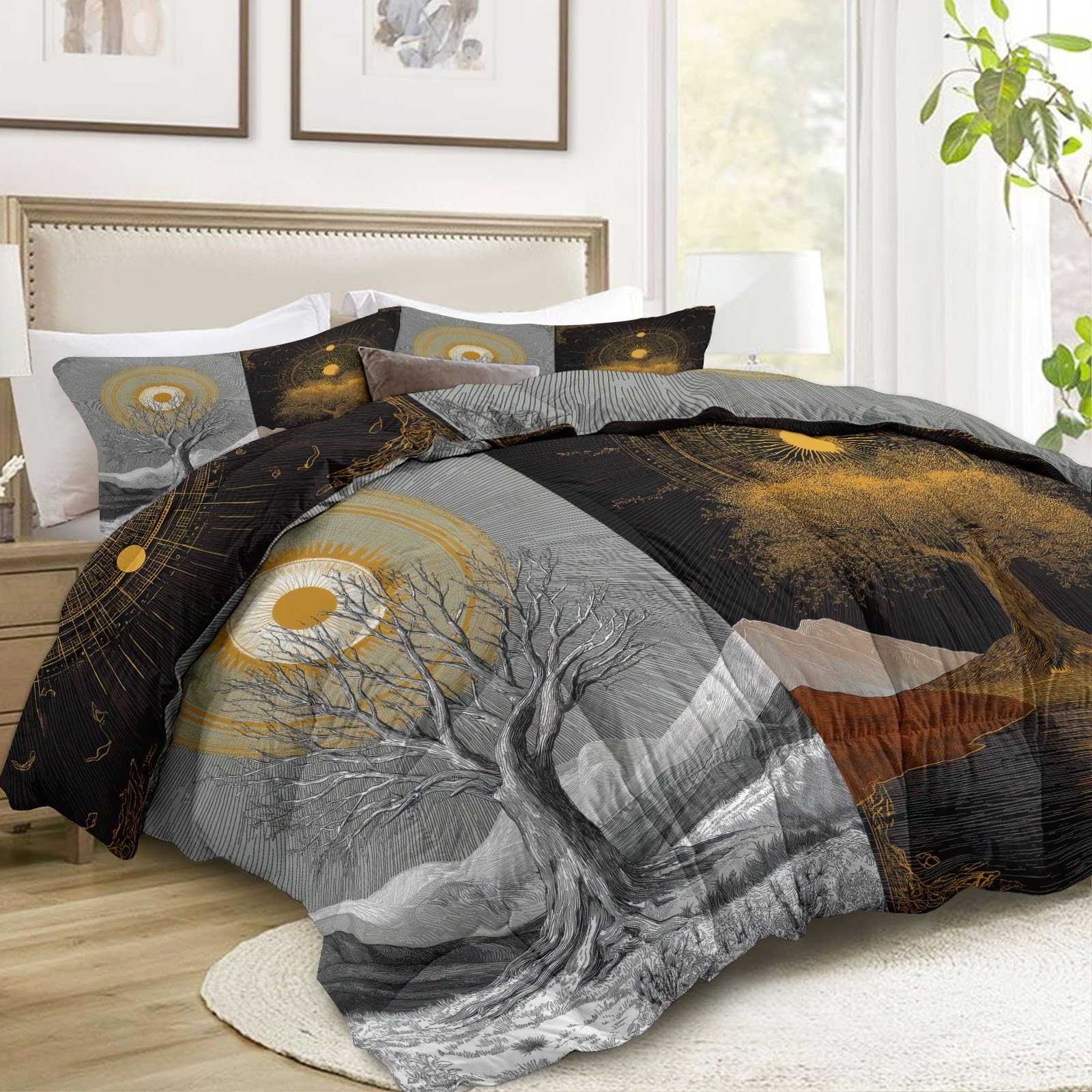 Piumone Invernale Matrimoniale 220 x 240 cm Fantasia Natura Alberi Secolari Trapunta in Ecopiuma 400 gr/mq, Caldo ed Elegante – Biancheria da Letto Anallergica e Traspirante – Set 3 Pezzi, Grigio
