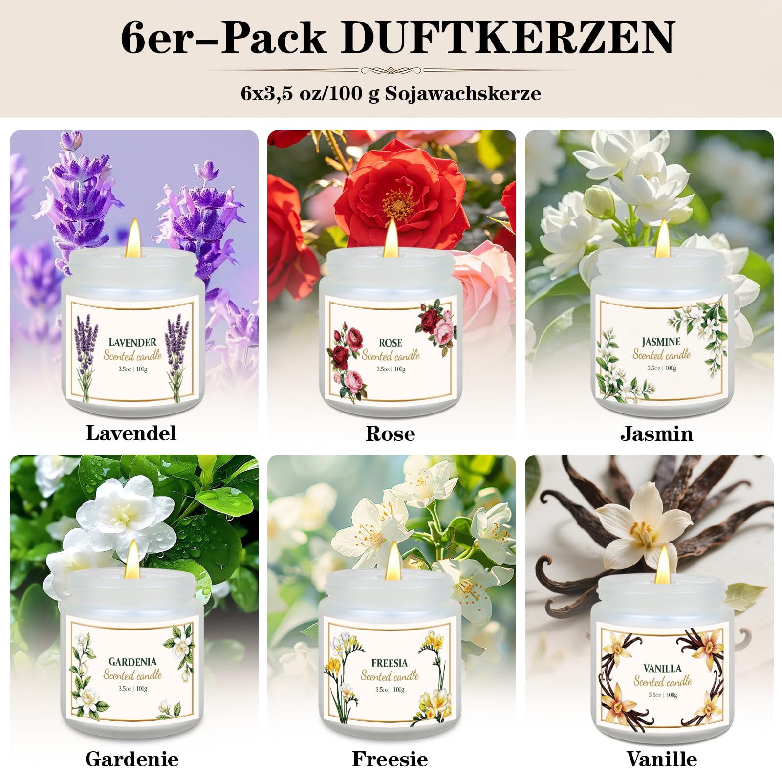 6er-Pack Duftkerzen für Frauen – Lavendel, Vanille, Gardenie, Rose, Jasmin, Freesie (blumige Düfte), 21 oz Kerzen aus natürlichem Sojawachs zur Entspannung und als Geburtstagsgeschenk für Frauen