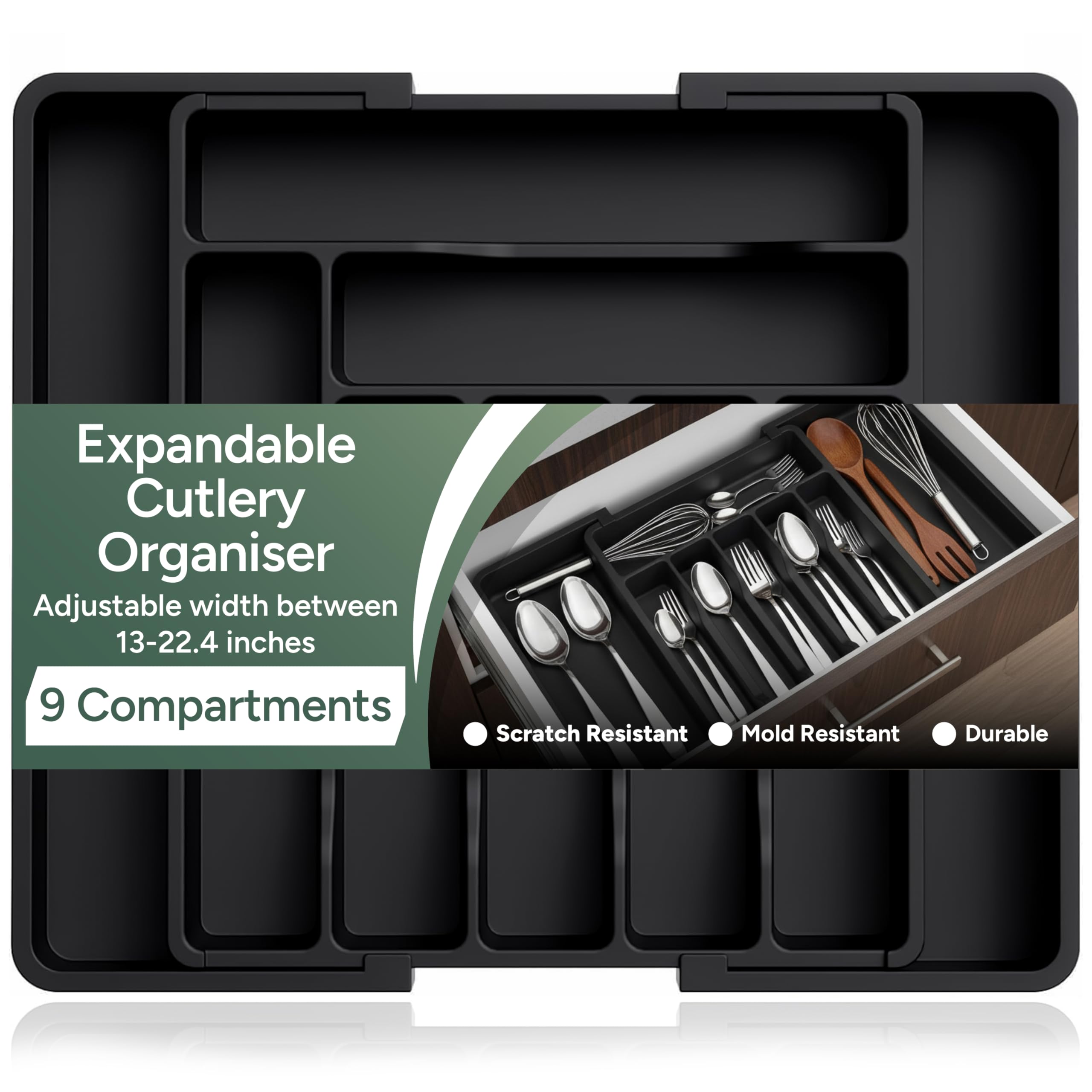 Zuvo Expandable Cutlery Drawer Organiser - Large Black Tray, 9 Compartments | Fits 33–57cm Drawers | Scratch & Mould Resistant