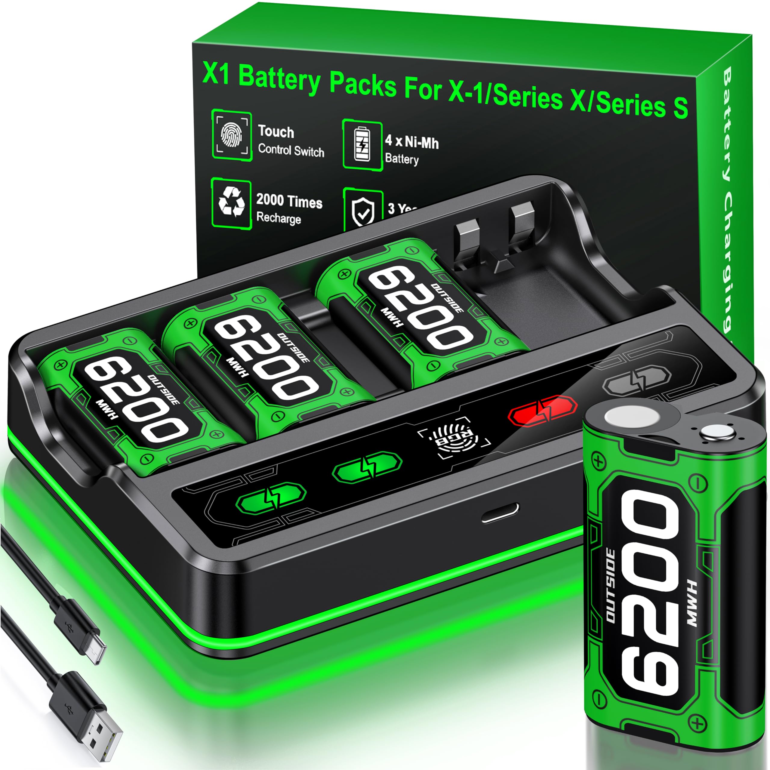 Batteria per controller Xbox One/Series X&S 4 batterie Xbox da 6200 mWh compatibili con Xbox One/Xbox Series X|S/Elite Controller, accessori per batteria Xbox con cavo di ricarica da 1 metro, ricarica