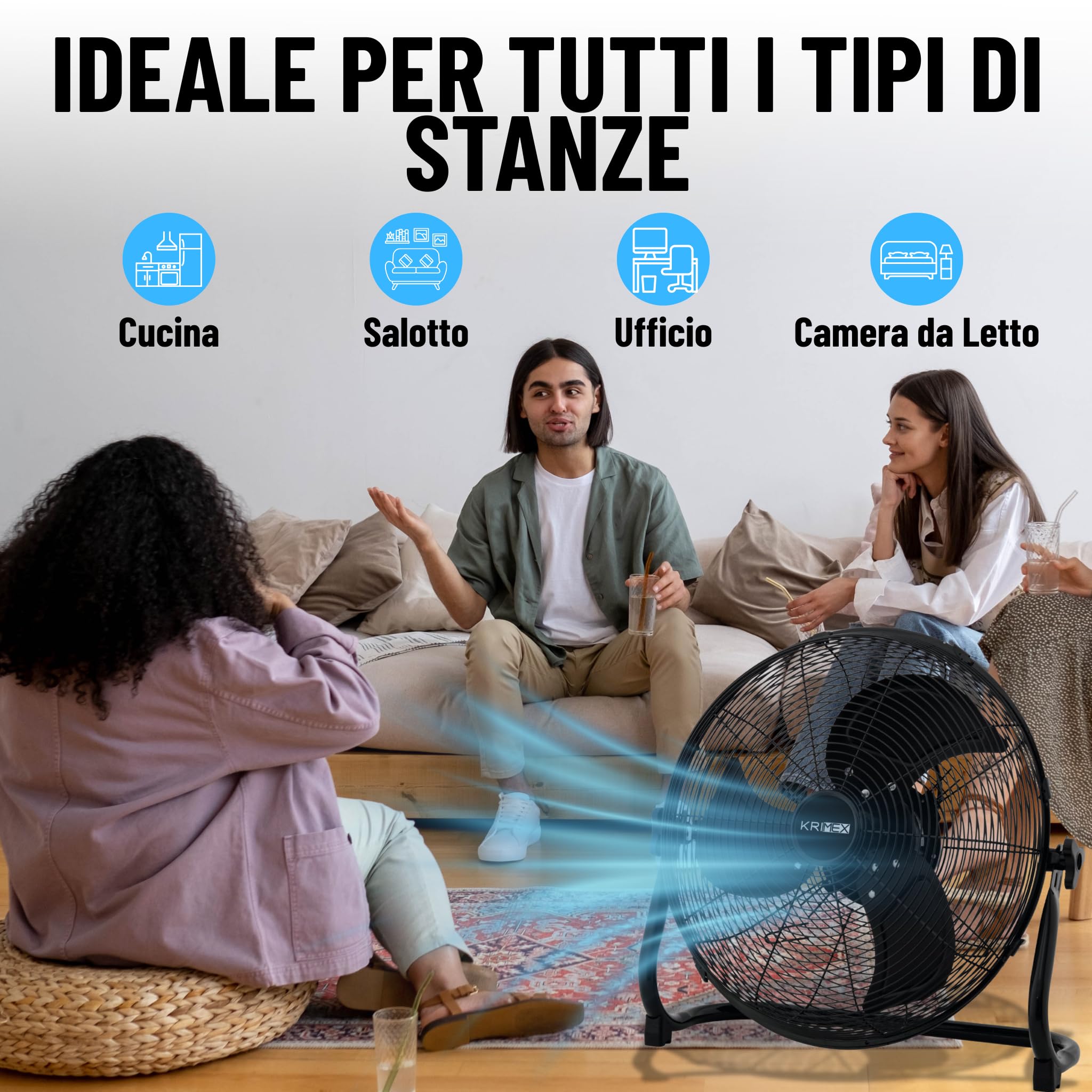 Ventilatore da Terra 100 Watt Inclinabile 3 Velocità da Pavimento in Metallo Alta Resistenza da Ufficio, Industriale, Casa (Nero)