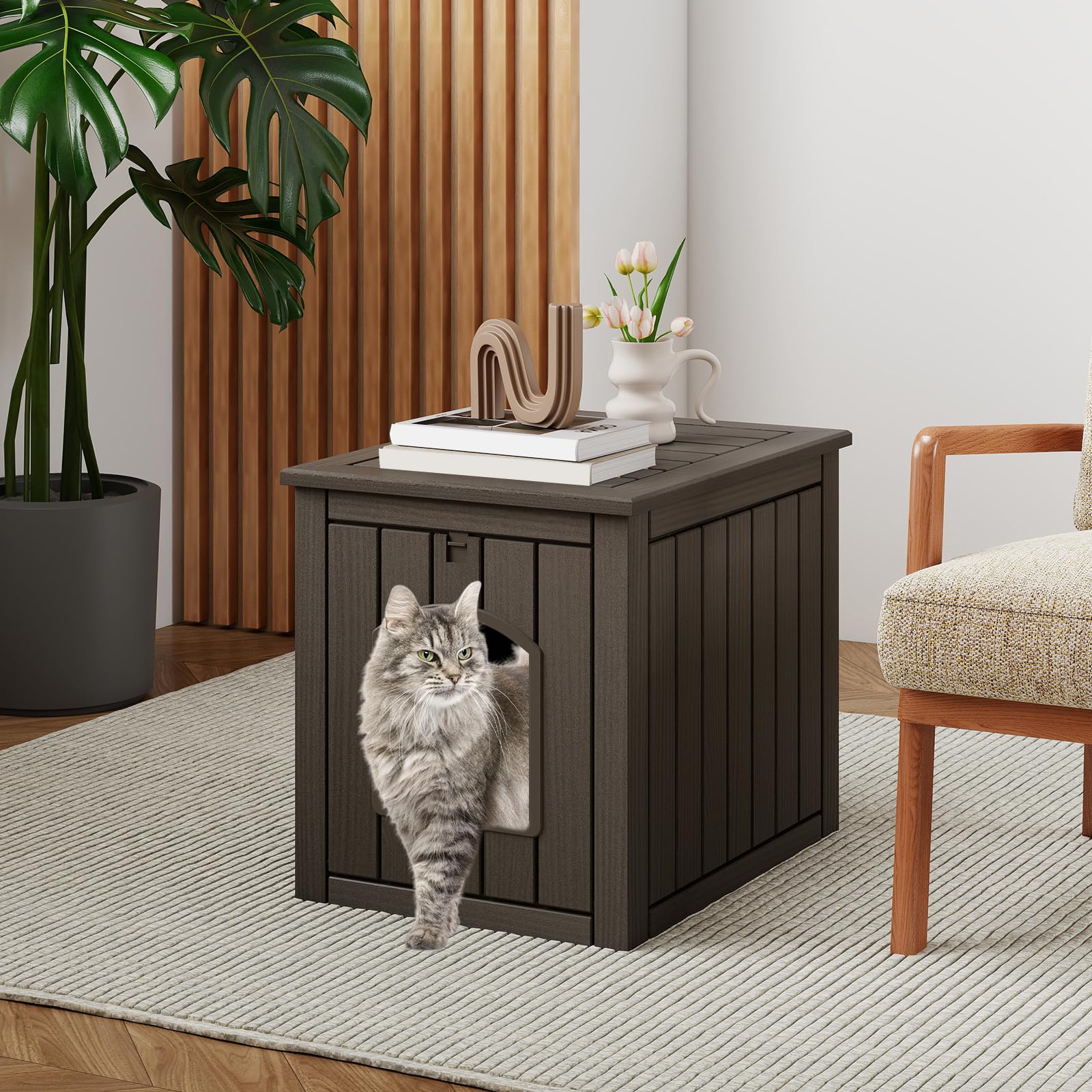 GOPLUS Katzenhaus Outdoor Winterfest, Katzenklo Schrank mit klappbarer Tür & Eingang, wetterfeste Katzenhütte aus PP für Indoor & Outdoor, Haustierhaus für kleine Katze, Hunde & Kaninchen (Grau)