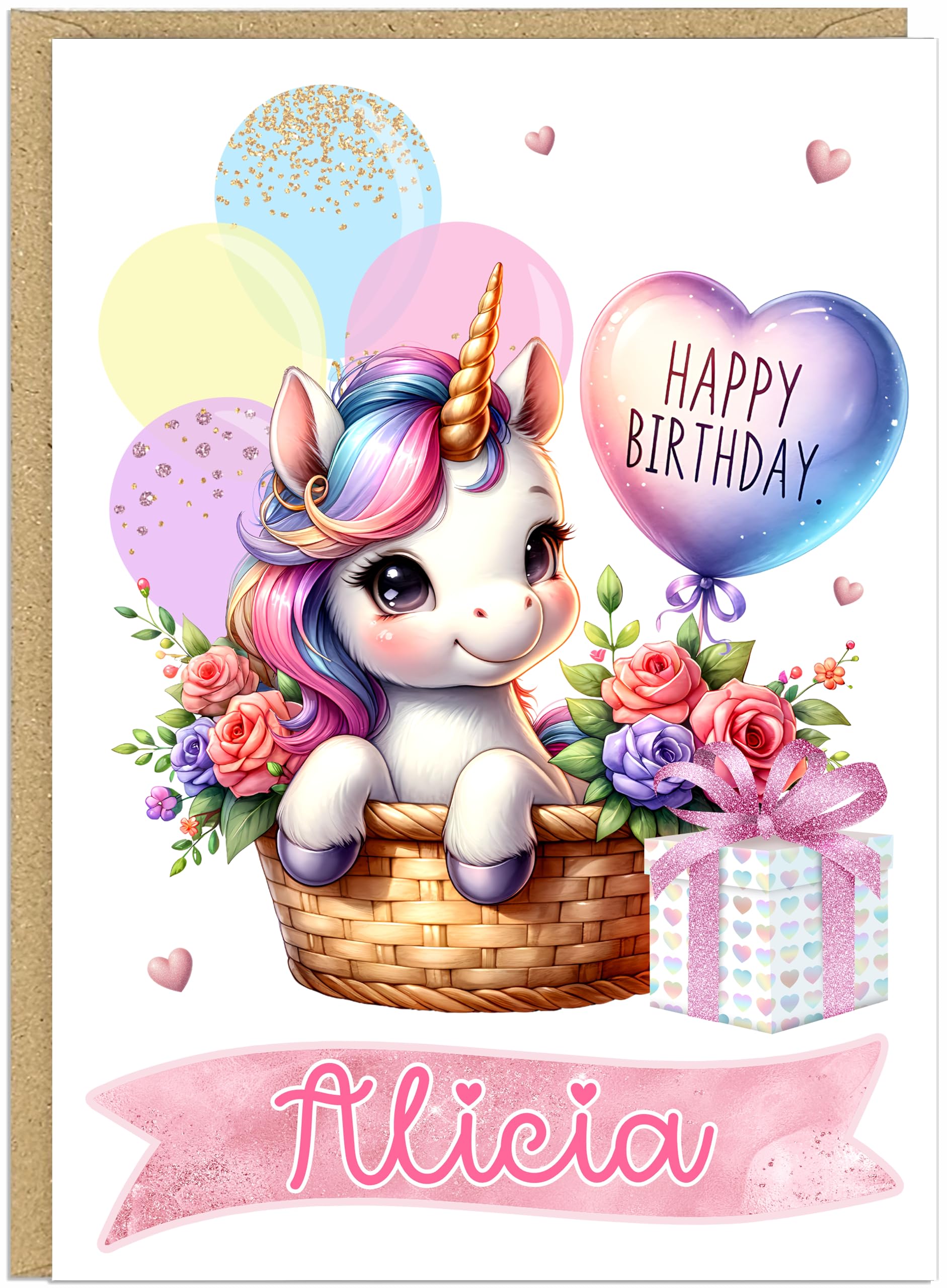 Personalised Cute Animal Happy Birthday Cards for Girls Kids Teens - Custom Own Name - Bunny Cat Deer Dog Elephant Giraffe Highland Cow Panda Unicorn Designs A5 (Unicorn)