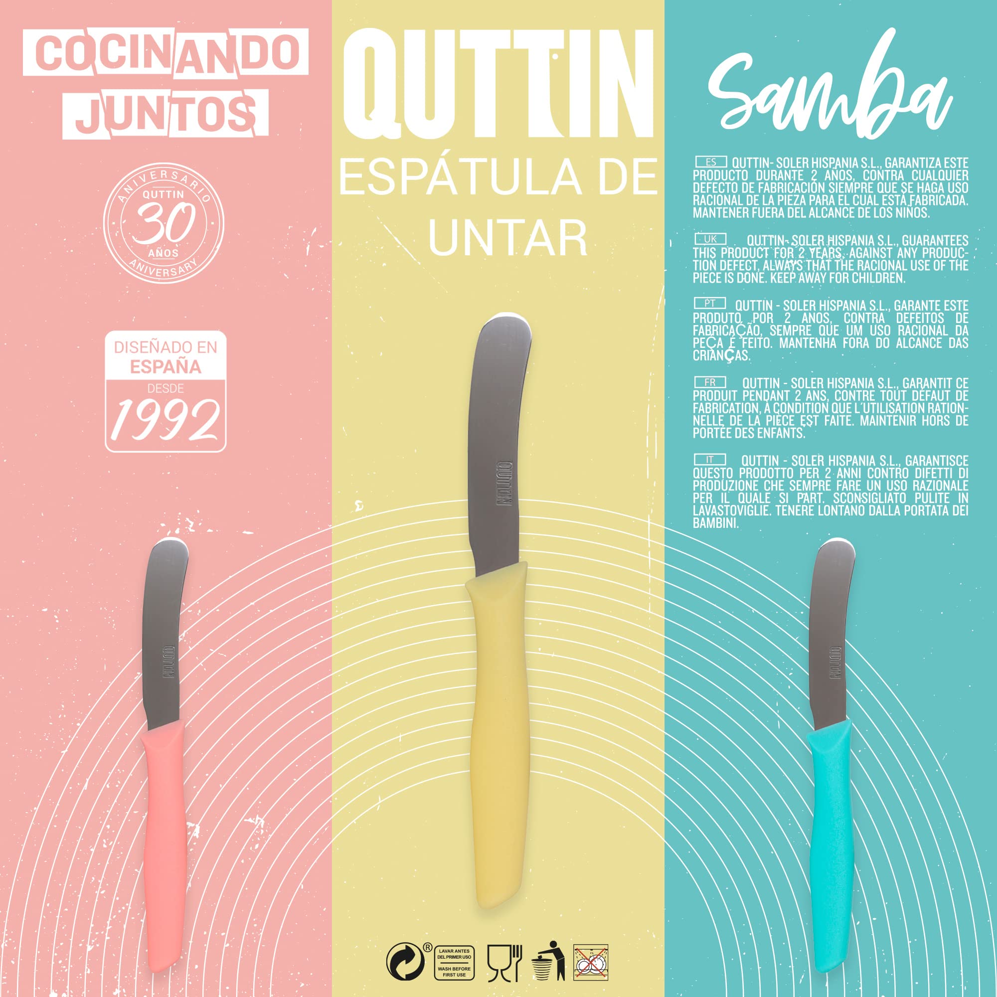 Quttin Cuchillo Untar Mantequilla Set de 3 Piezas. Ligero y Manejable con Hoja Afilada, Higiénico y Resistente. Mango Polipropileno en 3 Colores. Modelo Samba
