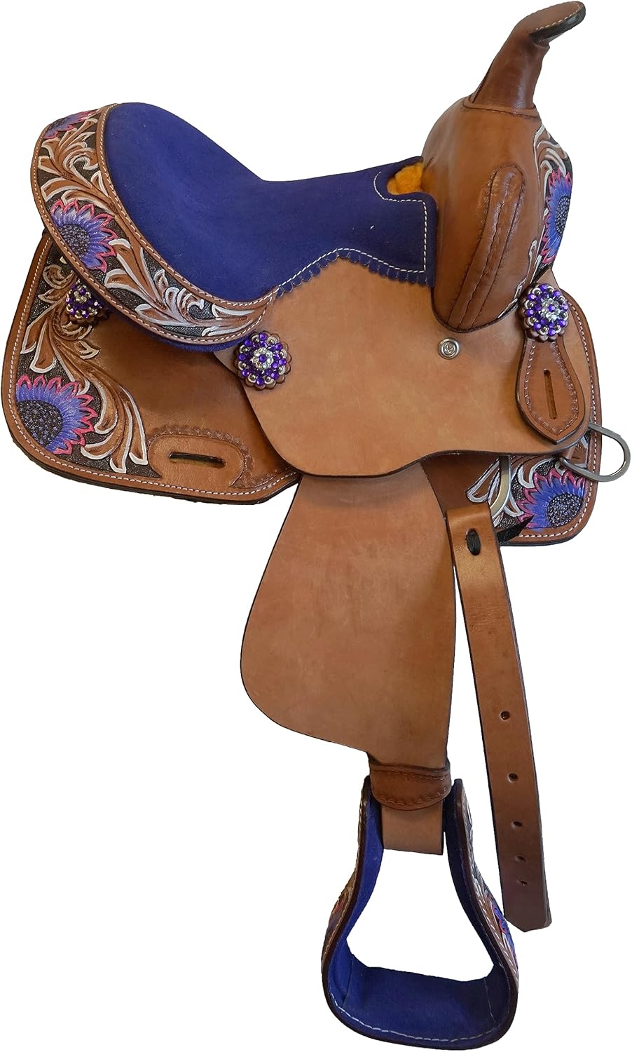 12″ Western Pony Youth Leather Saddle with Hand Painted Flower and Matching Color Suede Seat