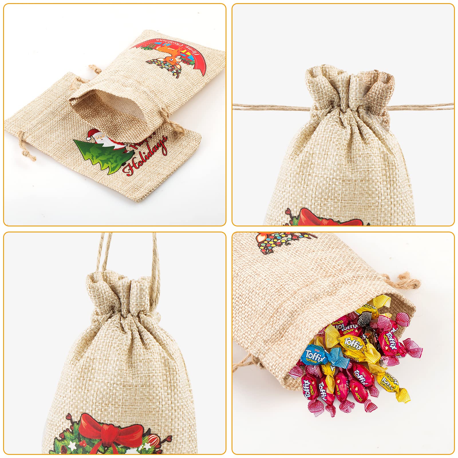 FloraSea 24 Pcs Small Christmas Gift Bags, 4x6 inches Mini Christmas Burlap Gift Bags with Drawstrings(8 Designs Styles)