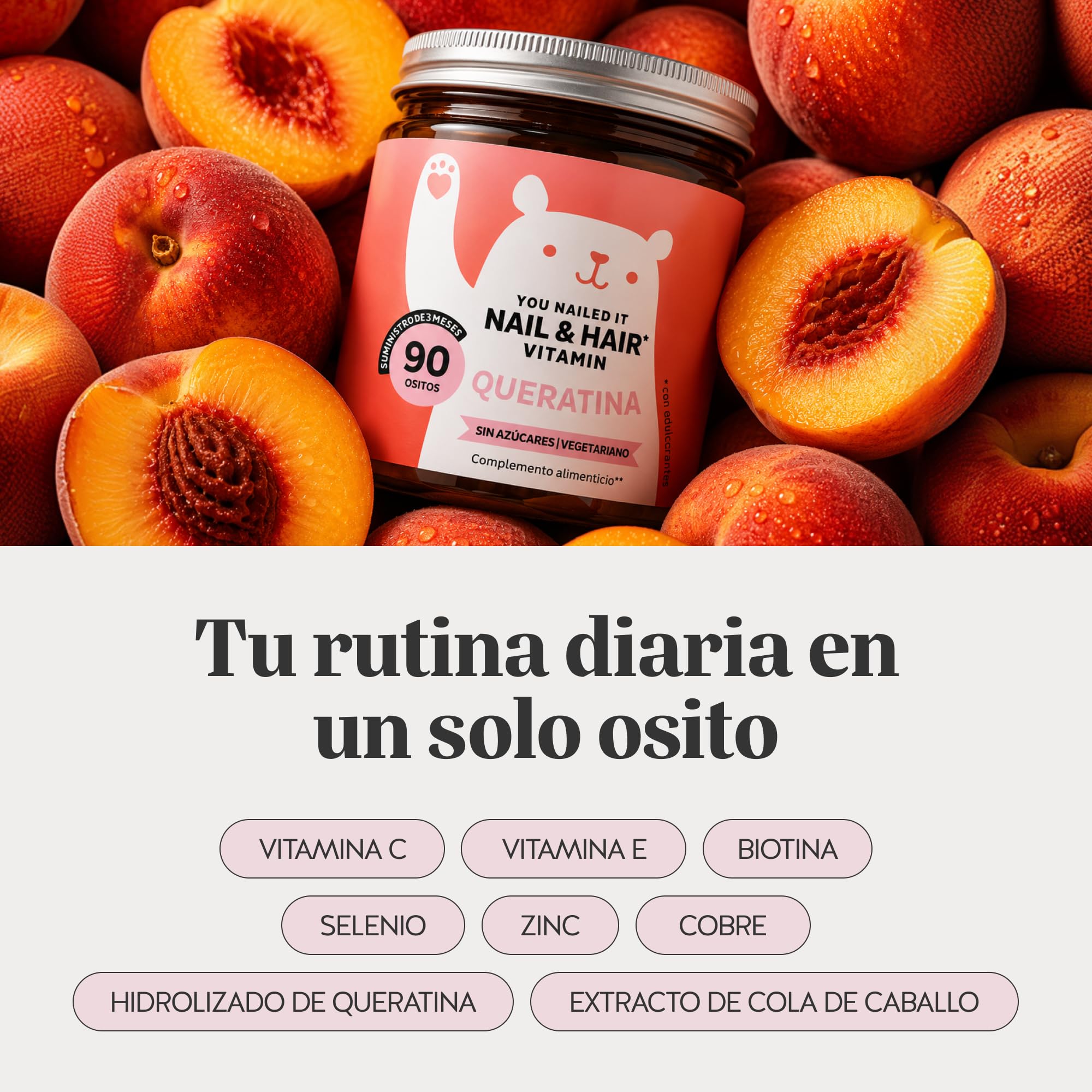 You Nailed It Nail & Hair Vitamin – Gominolas con 30 mg de queratina – con vitaminas C, E, biotina, zinc, selenio y cobre – 90 unidades (para 3 meses) – Sin azúcar, vegetarianas – Bears with Benefits