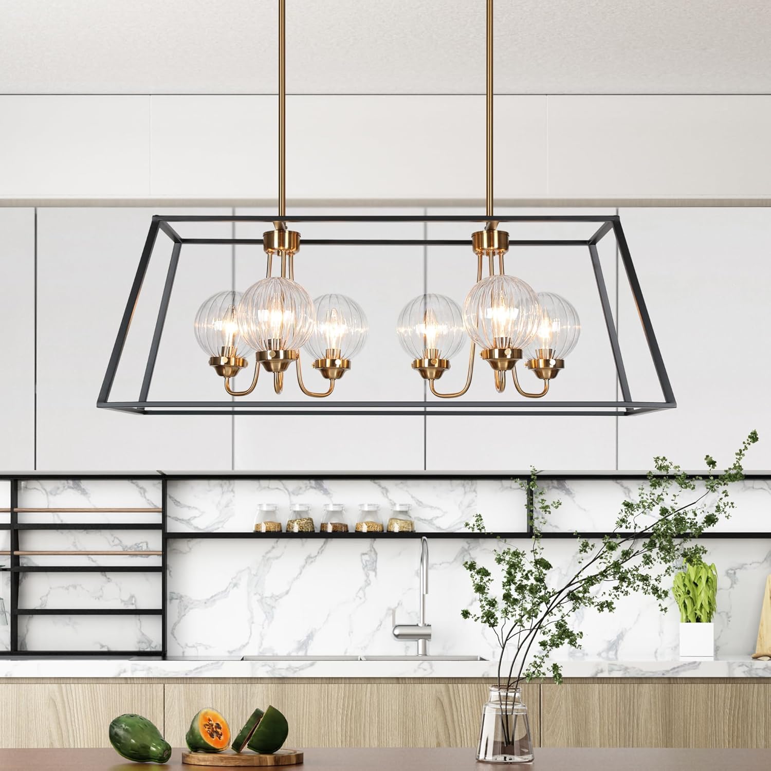 Black Gold Chandelier, Modern 6-Light Rectangular Island Light Fixture with Clear Ribbed Glass Globes and Electroplated Brass Accents for Dining Room, Kitchen, and Living Room