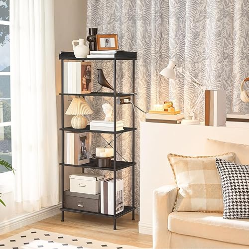 Miniatura 8 de HOOBRO Estante para hornear de cocina con toma de corriente, estante de almacenamiento de cocina de 5 niveles, soporte para microondas con 4 ganchos