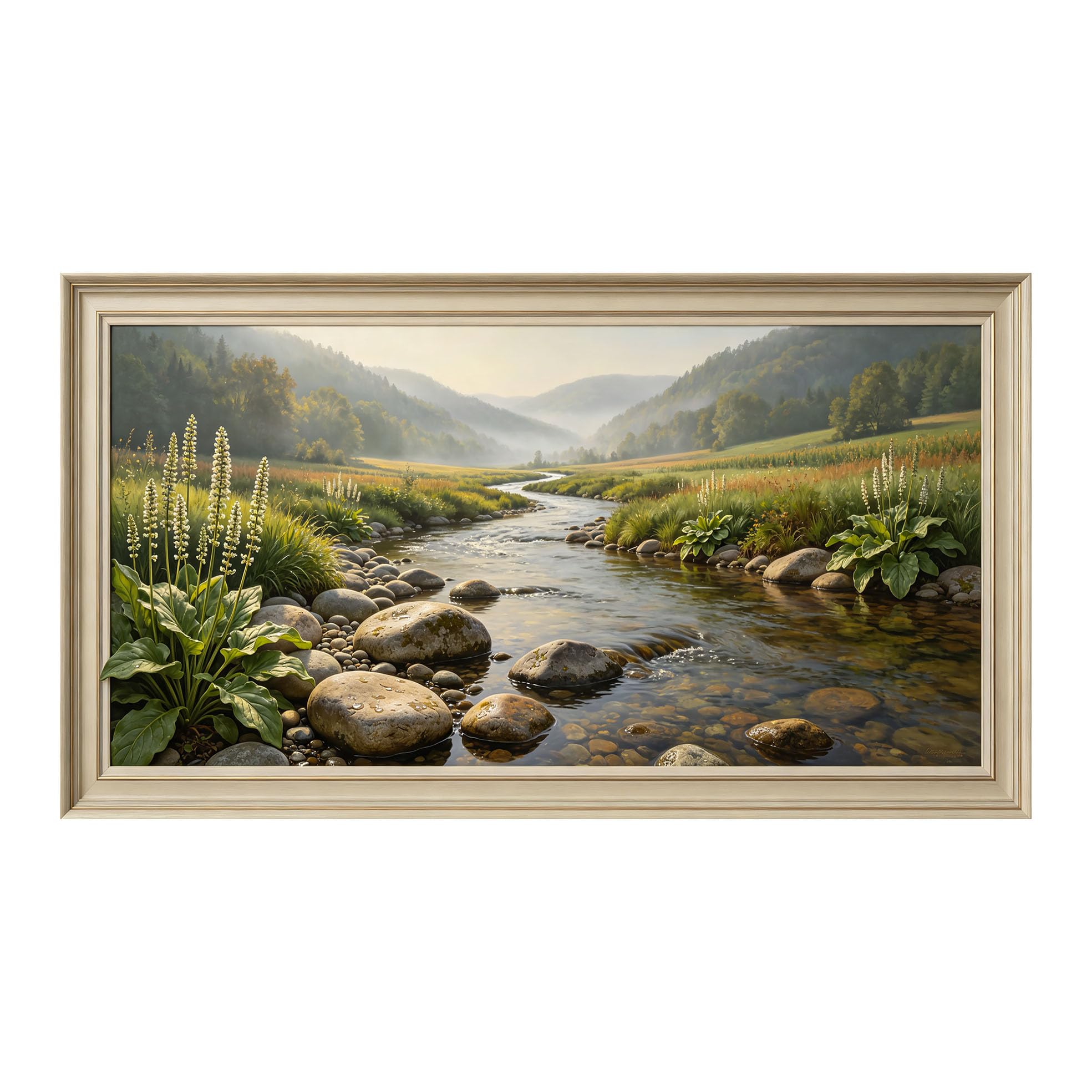 Yzpallescene 3D Framed Wall Art 50cm×100cm Misty Mountain River Meadow Panoramic Watercolor Landscape Large Size SelfAdhesive Removable Wall Decor Prints Artwork for Living Room Bedroom Office