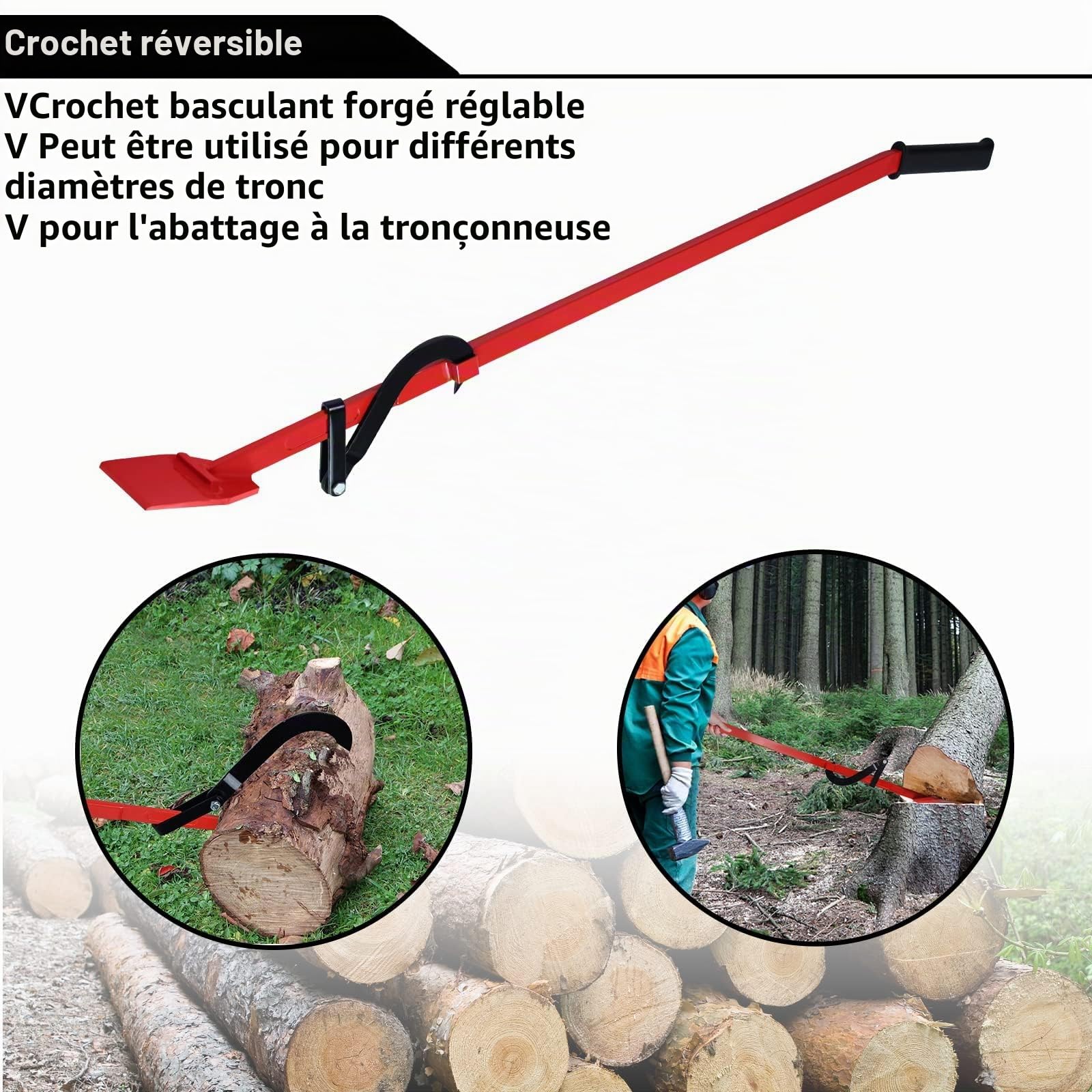 UISEBRT Levier d'abattage de 130 cm en acier à haute résistance avec crochet de retournement et poignée antidérapante en caoutchouc – Levier de tronc pour l'abattage d'arbres, charge maximale 250 kg