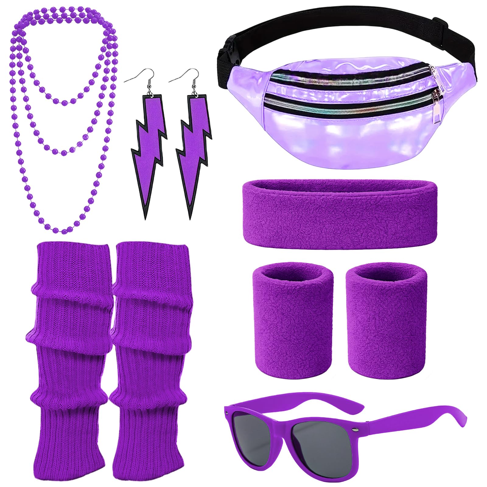 80s Outfit Women's Retro Costume Clothing Accessories 80s 90s Clothing Costume Accessories Headband,Bracelets,Leg Warmers,Earrings,Belt Bag and Glasses for Carnival Neon Party (7, Purple, One Size)