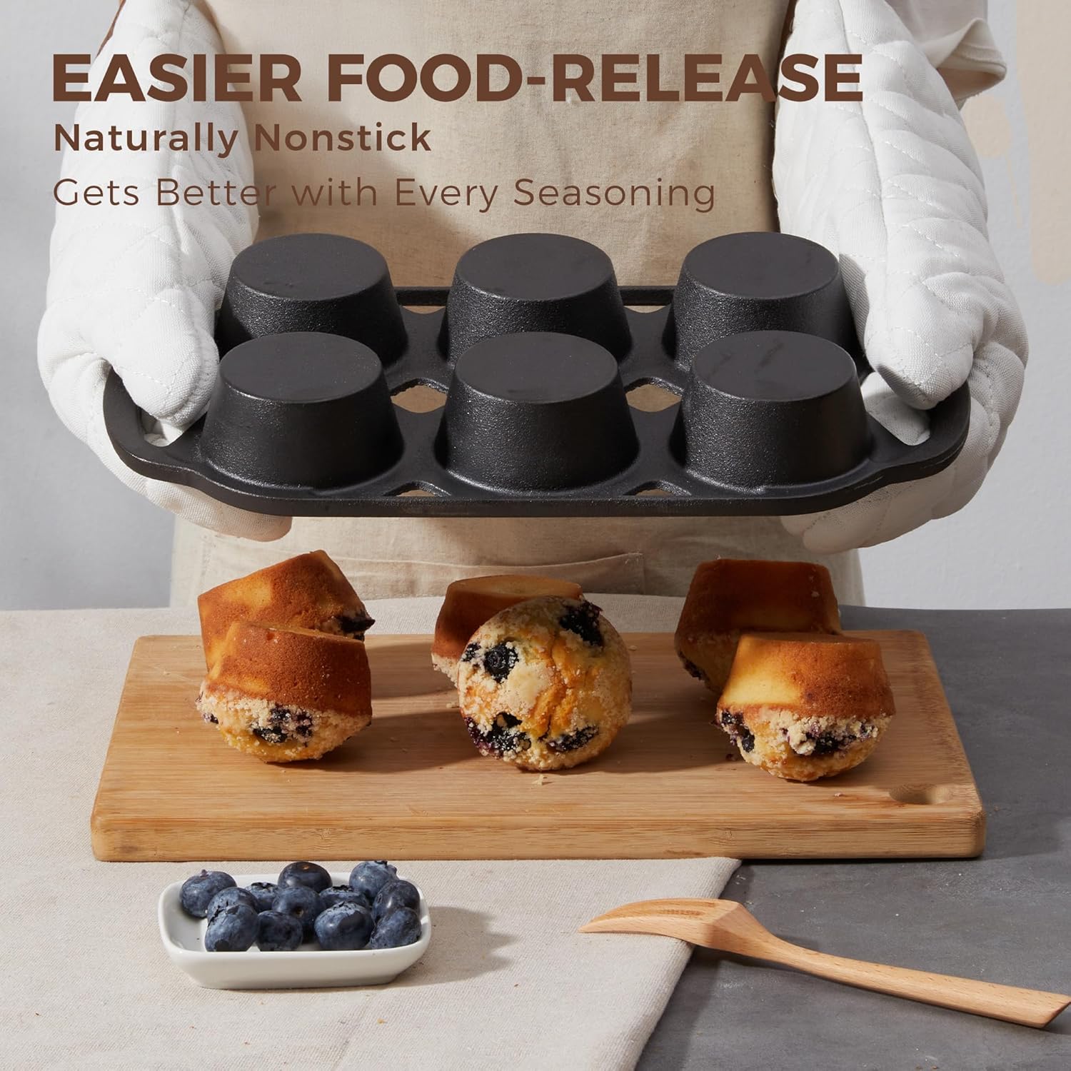 HONGBAKE Everline Collection Cast Iron Muffin Pans, Non toxic Uncoated 6-Cup Muffin Tins, Non-Stick Pre-Seasoned Cupcake Tray Pan Set for Baking, Oven & Stovetop Safe, Standard Size, 2 Pack - Image 5