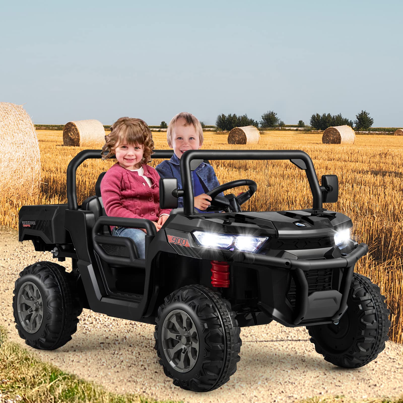 COSTWAY Kinder Elektroauto 2 Sitzer, 12V Kinderauto mit elektrischer Kippmulde, Schaufel & 2,4GHz Fernbedienung, Elektrofahrzeuge mit Musik, Hupen und Scheinwerfer, für Kinder ab 3 Jahren (Schwarz)