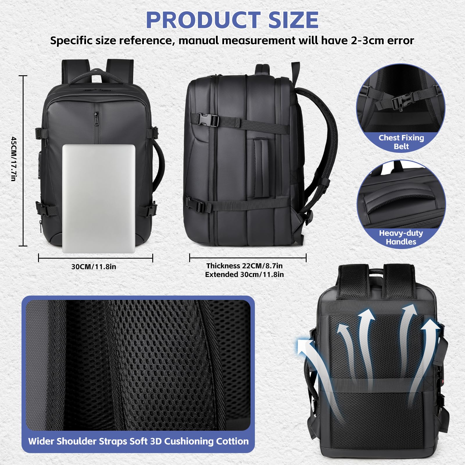 Sac à dos de voyage sous vide avec pompe, compression par airbag, extensible de 36 à 60 L, compatible avec les bagages à main, antivol TSA, pour trekking, travail, pour femmes et hommes, noir