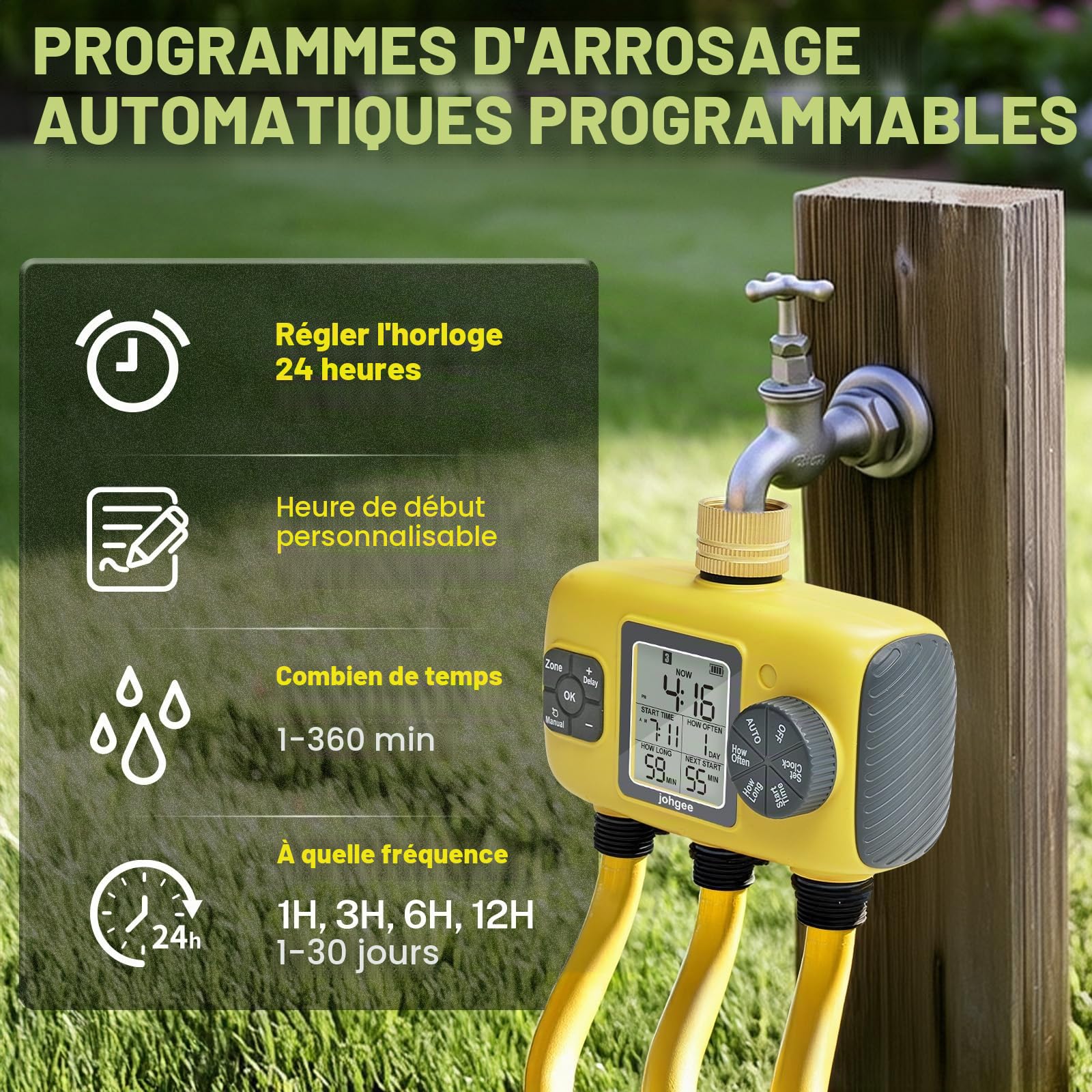 Johgee Programmateur Arrosage 3 Voies avec Entrée en Laiton, Minuteur Arrosage Automatique avec Retard de Pluie/Irrigation Manuelle, pour Serre, Pelouse et Jardin