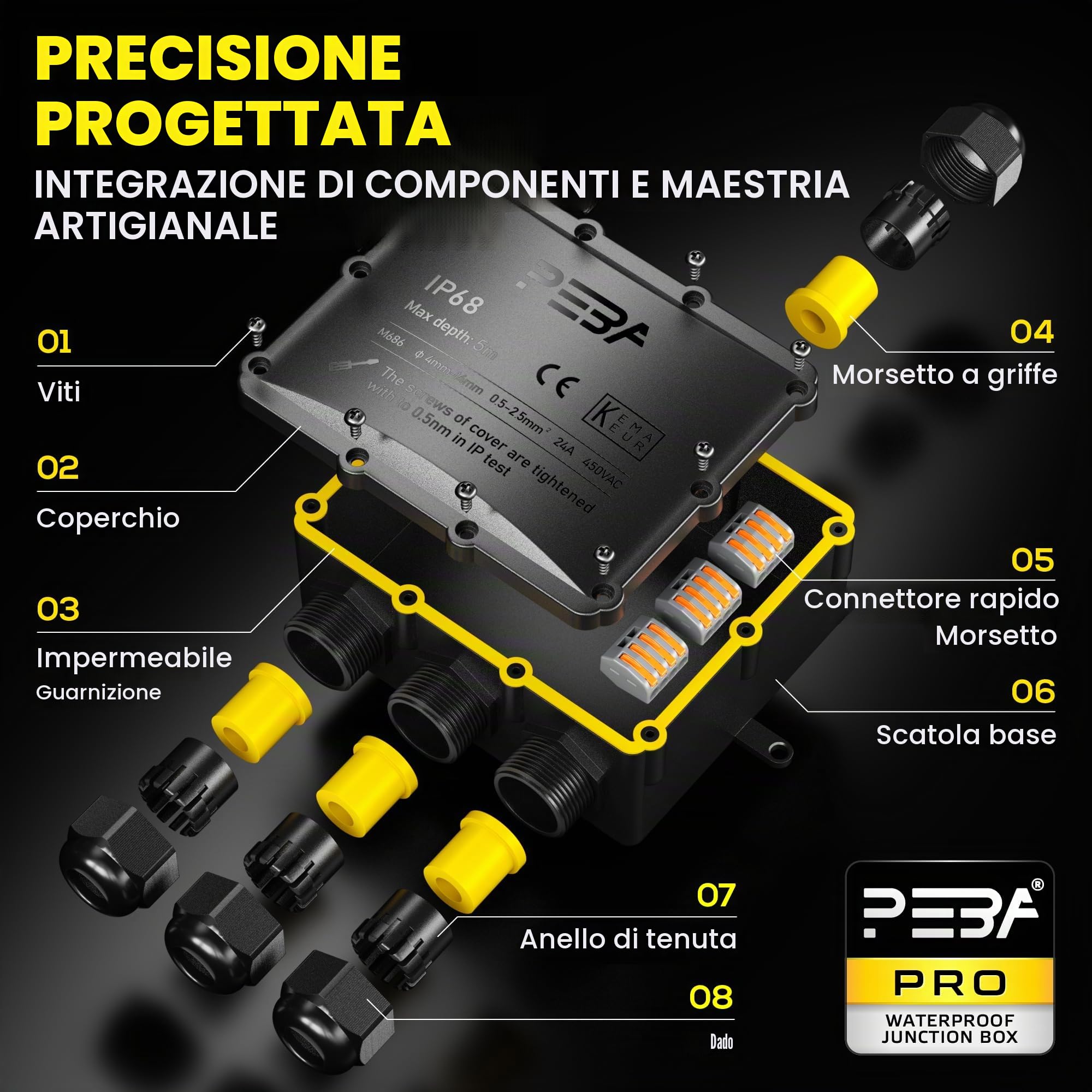 PEBA Scatola di Giunzione Impermeabile IP68, Connettori Elettrici, 4 vie Connettore Stagno Manicotto di Collegamento Cavo Sotterraneo del Area Esterna per Diametro del Cavo 4-14mm, Nero 2 pezzi