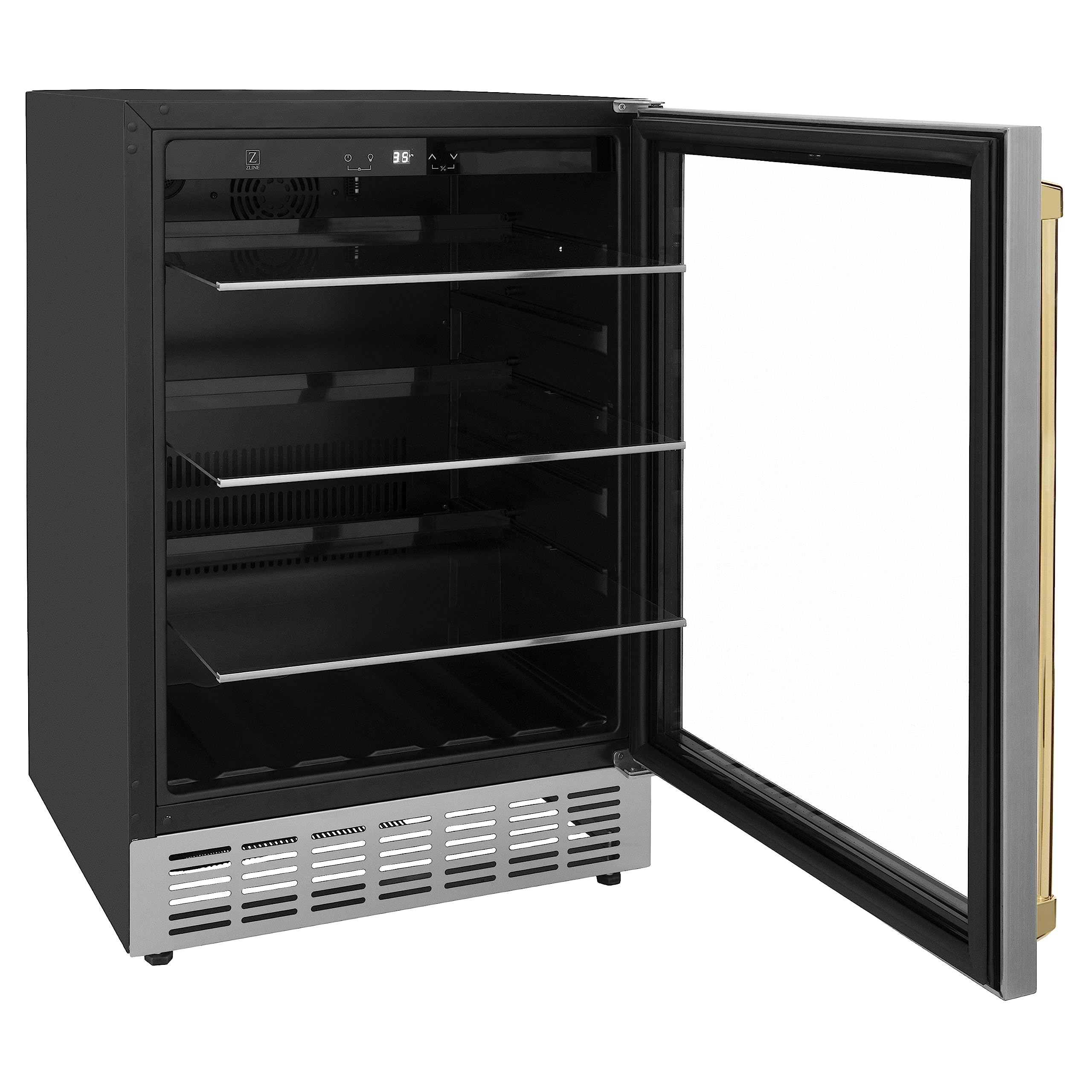 Z Line Kitchen and Bath ZLINE 24" Autograph Edition 154 Can Beverage Cooler Fridge with Adjustable Shelves in Stainless Steel with Gold Accents (RBV-US-24-G) on Fridge.com
