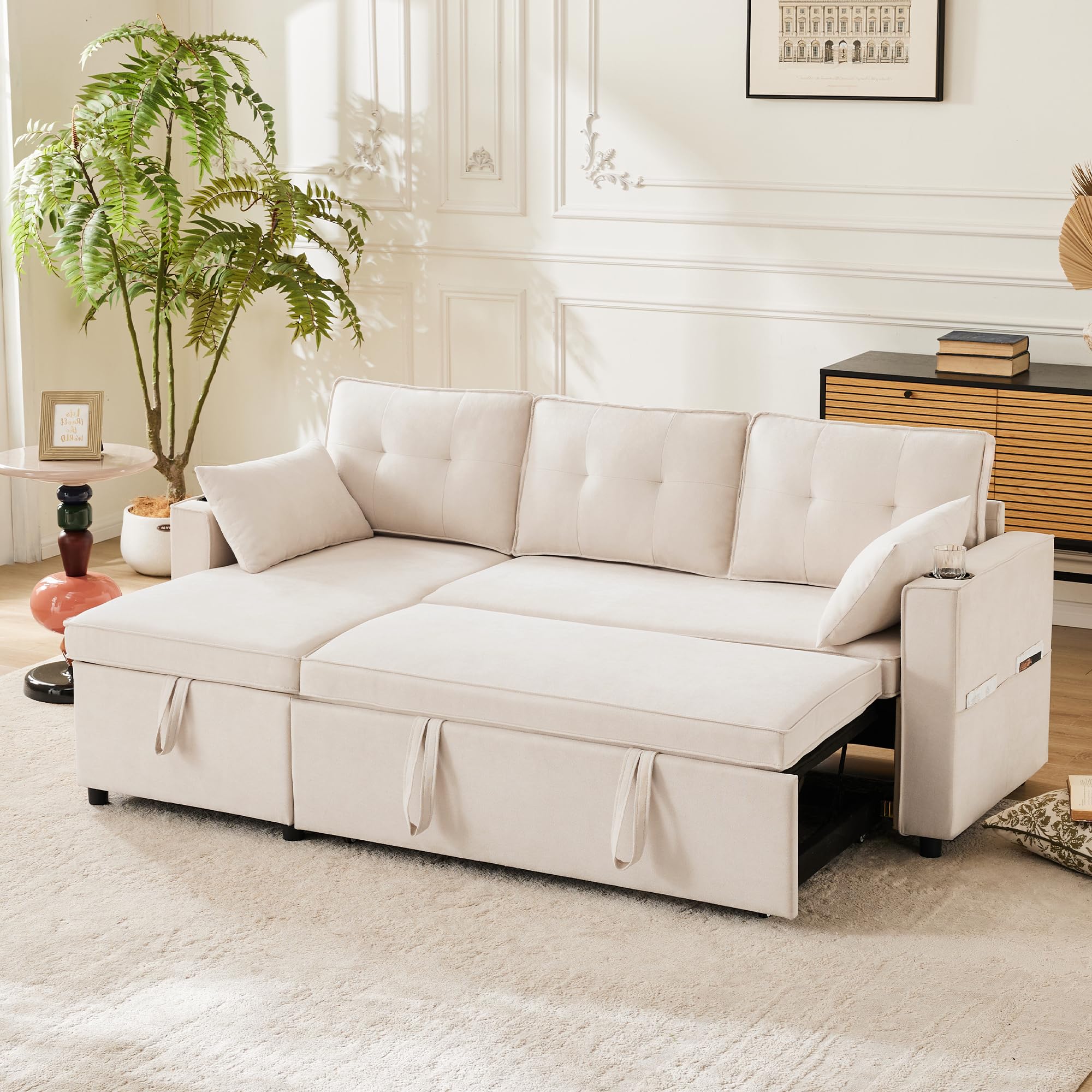 Divano Letto angolare in Cotone e Lino, Soggiorno, Beige, 211x129.5x86 cm