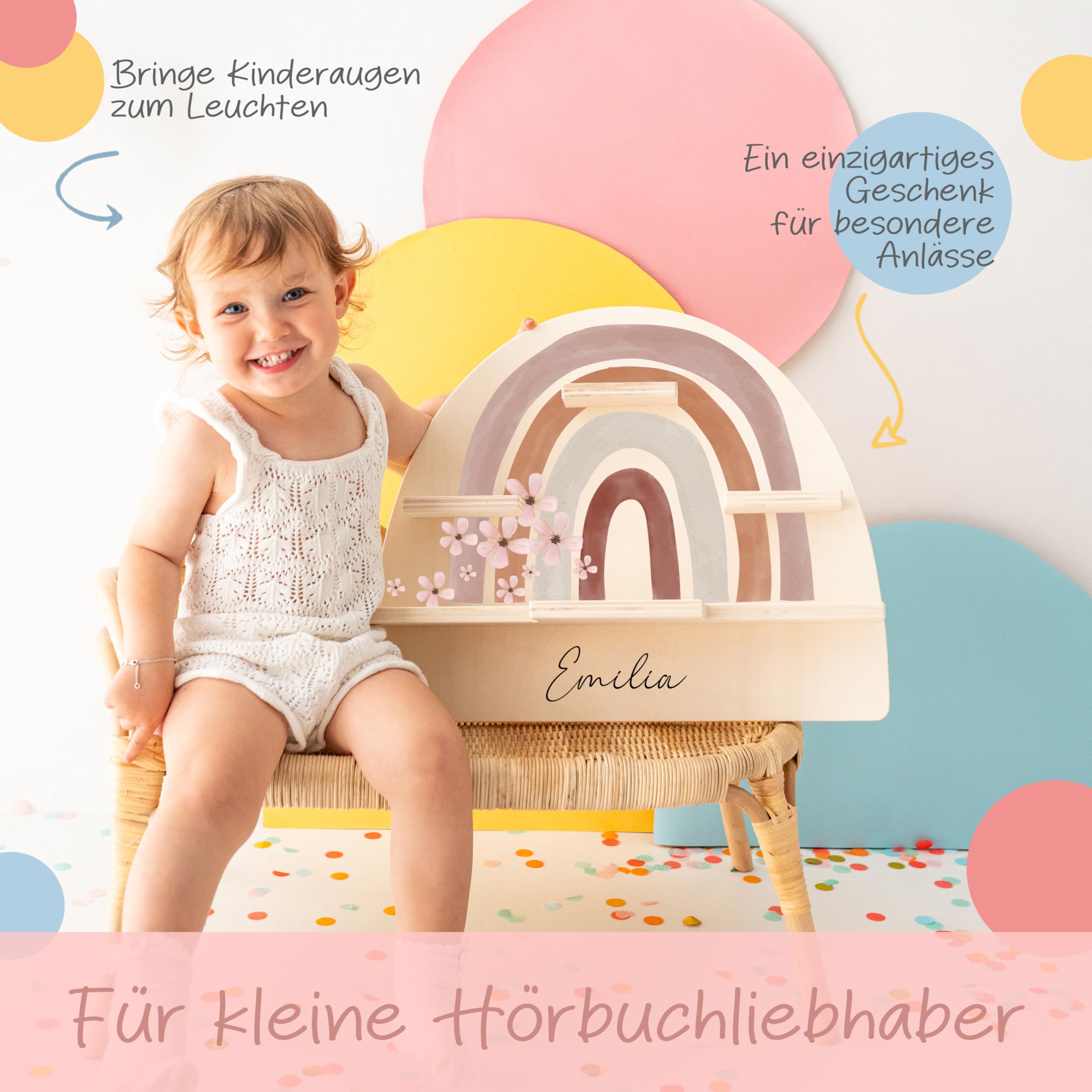 Bärenfreunde personalisiertes Tonie Regal für Kinderzimmer - Magnetisches Toniebox Regal für Toniebox1 & 2 Plus Figuren mit abgerundeten Ecken & Kanten (Regenbogen Blumen)