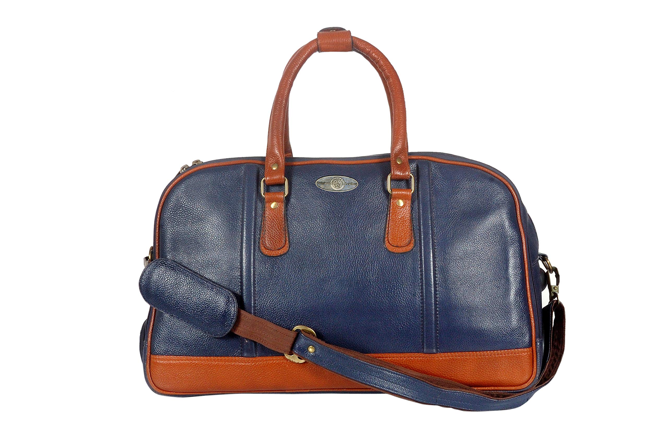 GATUDI ART CRAFT 100% Pure Leather Traveling bag Overnighte Suitcaser Weekend Trip Cabin Luggage Bag for Men & Women (Blue & Brown) Waterproof Strolley Trolley Bags Lightweight