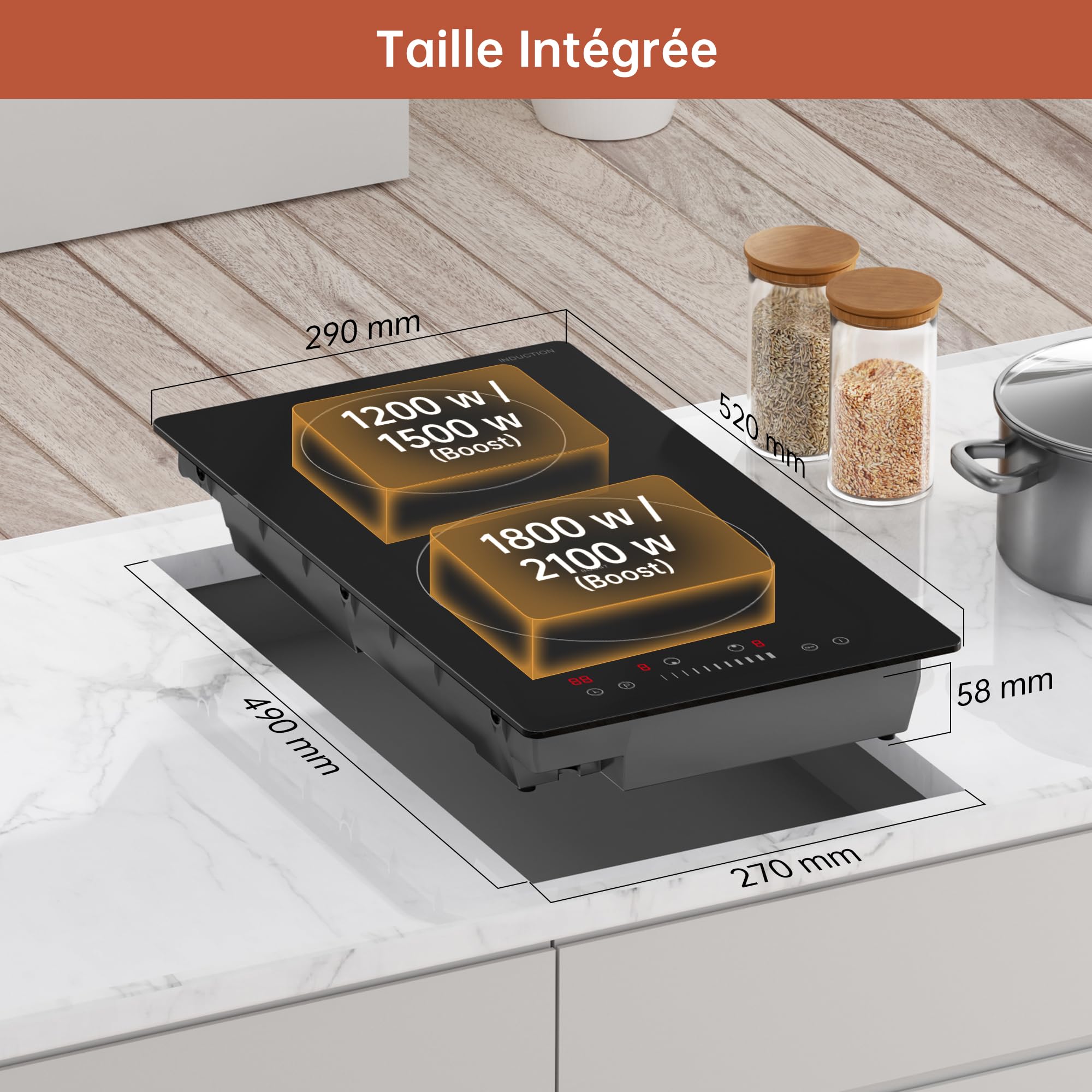 Plaque Induction 2 Feux Encastrable 3600 W, Puissance 9 Niveaux, Boost Rapide, Chauffage Doux, Minuterie, Sécurité Enfant, Détecteur Casserole, Tactile Coulissant,Noir Brillant