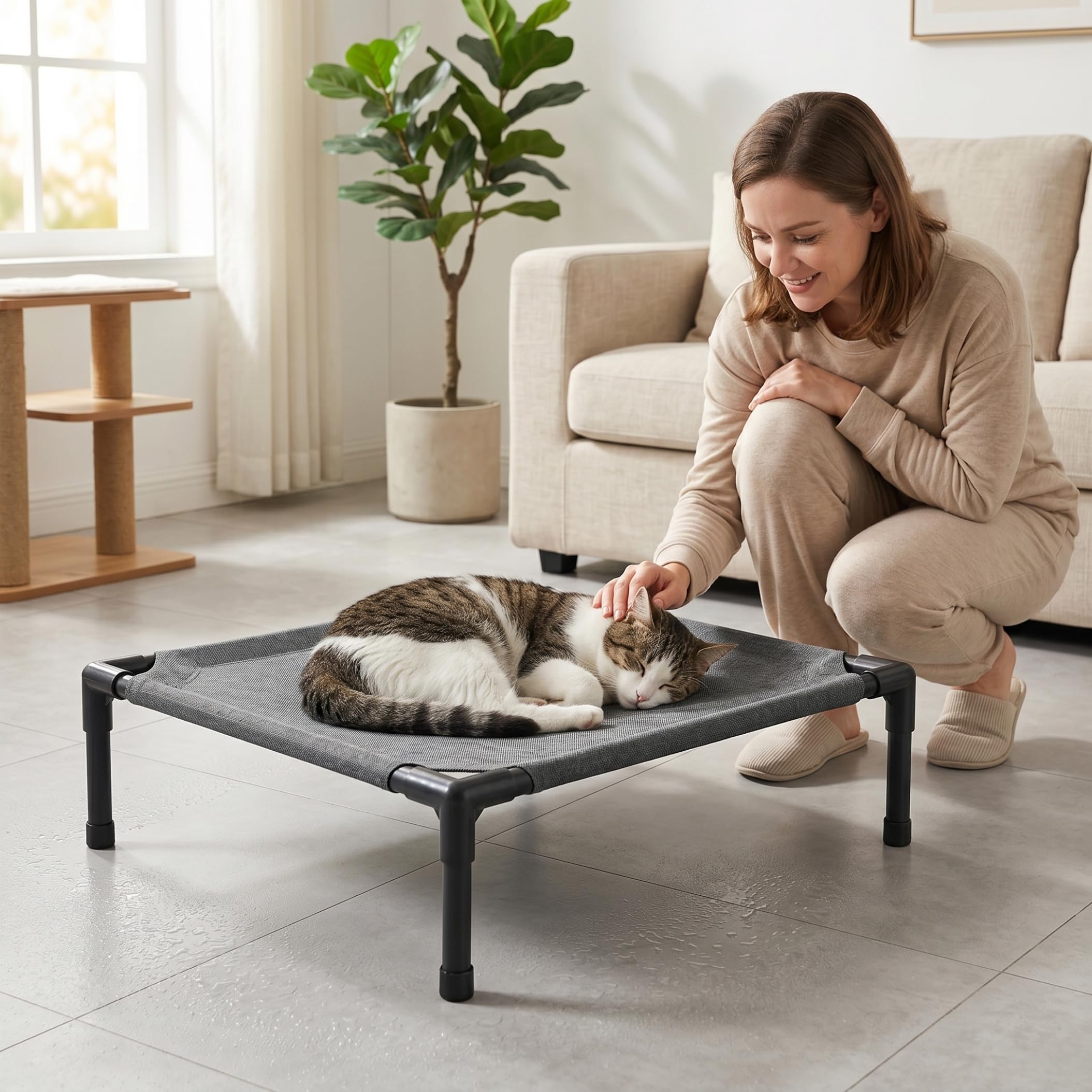 Hamac pour chat, lit pour chat surélevé en lin épais résistant à la mastication - lit pour animal de compagnie extérieur lavable pour intérieur et extérieur, gris, 17, 7 x 19, 7 x 4, pouces (jusqu