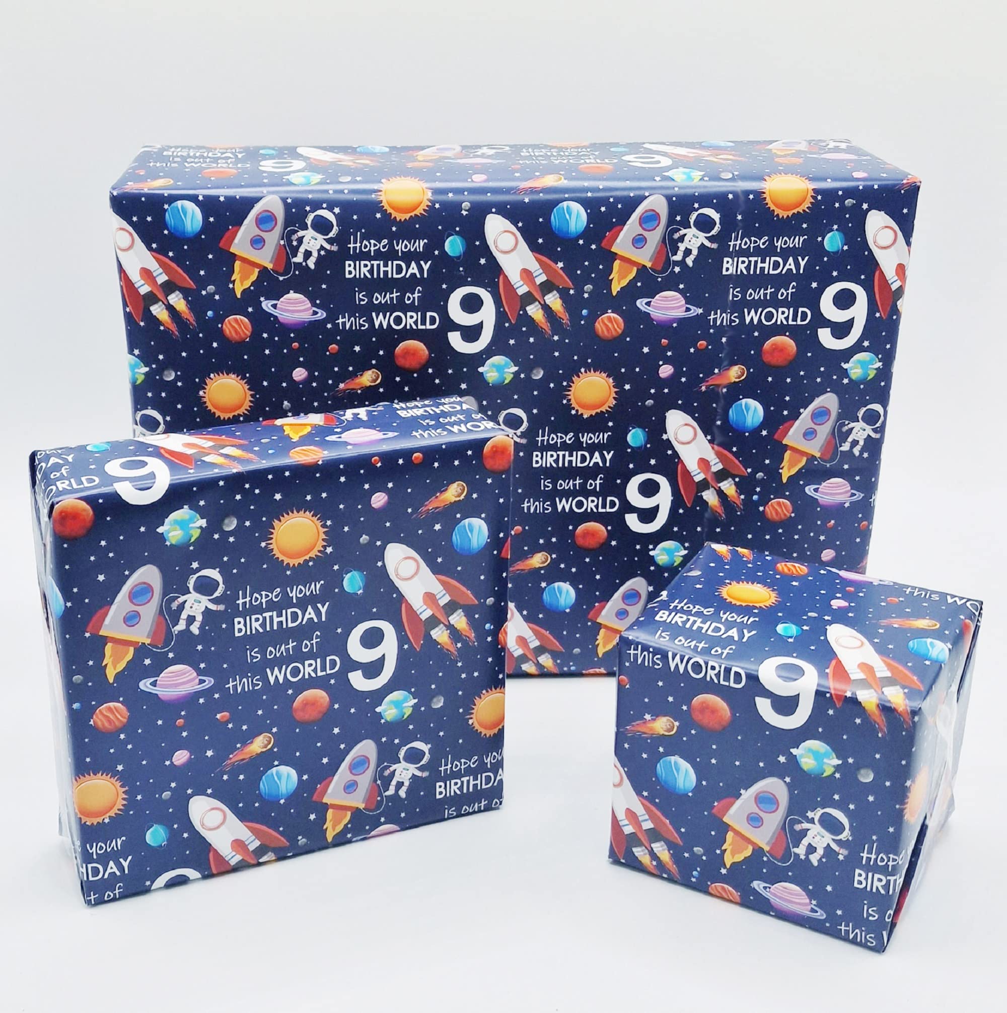 2 Sheets 9th Birthday Space Theme Boy Wrapping Paper Age 9 Cute Fun Planets Rockets Design Birthday White Giftwrap Male
