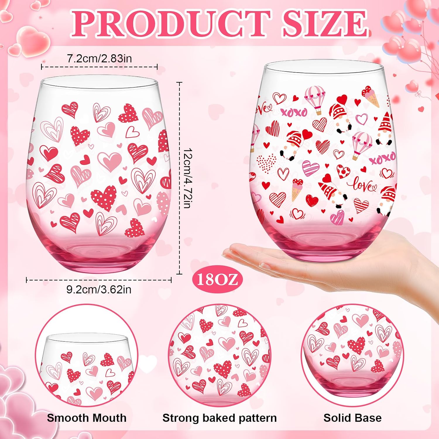 LemonRoad 2 Pcs Valentine's Day Gifts Valentines Stemless Wine Glasses Galentines Day Party Gifts 18 oz Heart Drinking Glasses Romantic Tumbler Cups for Her Couples Wedding Party Event Supplies - Image 3