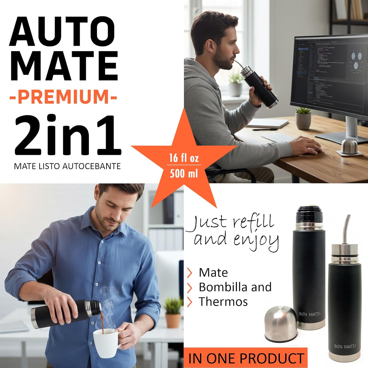BONMATEI NEW Premium Automate – Self-Serving Stainless Steel Mate Bottle 16.9 fl oz | 2-in-1 Thermal Mate Cup with Built-in Bombilla | Keeps Drinks Hot or Cold | Ready to use (Black w/a)