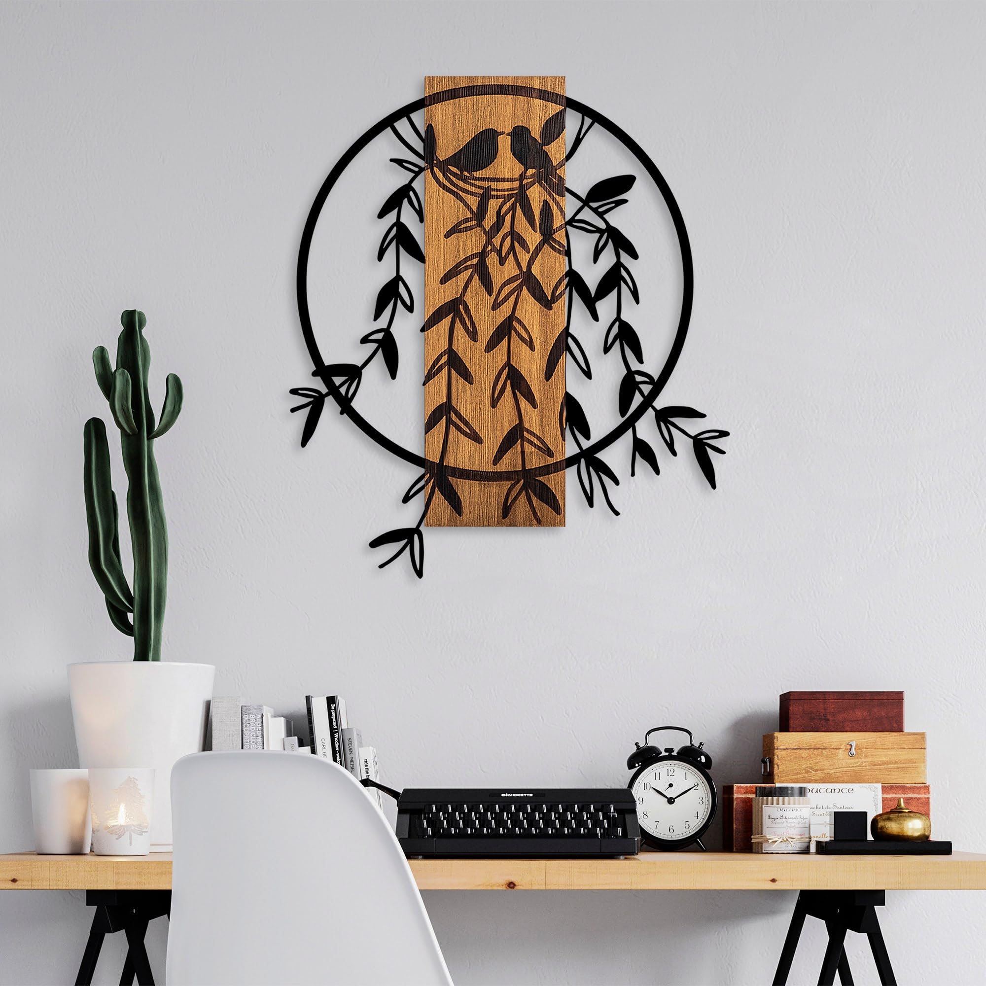 Elegant Decorative Wooden Wall Accessory, Walnut & Black, 56 x 56 cm, 100% Wood & Metal (1.5 mm), Unique Colour Variations for Stylish Home Decor