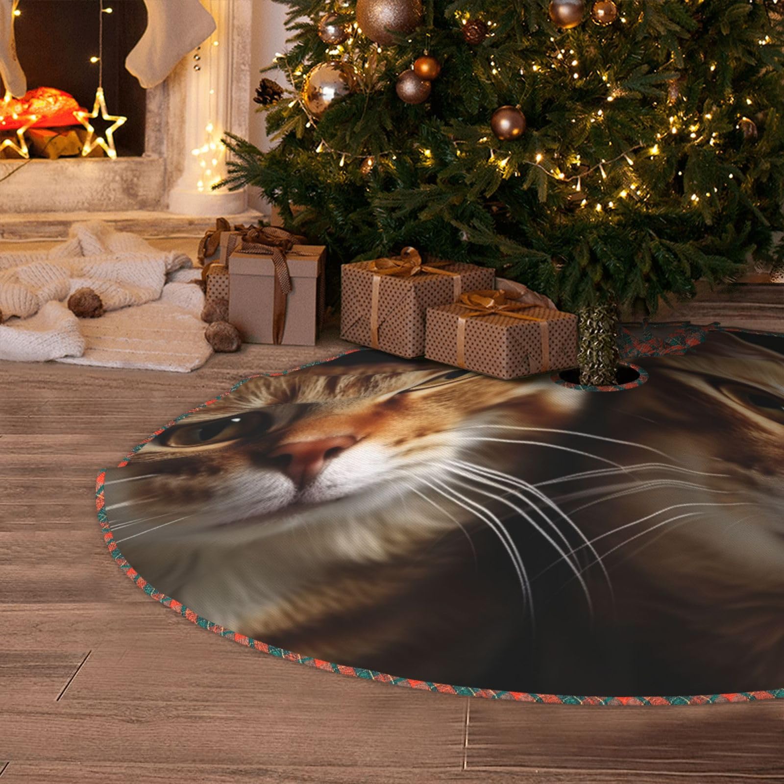 Cats Christmas Tree Skirt 48" Artificial Tree Mat Cover Merry Christmas Burlap Xmas Tree Skirt for Christmas Decoration Holiday Indoor Outdoor Winter Party Decor
