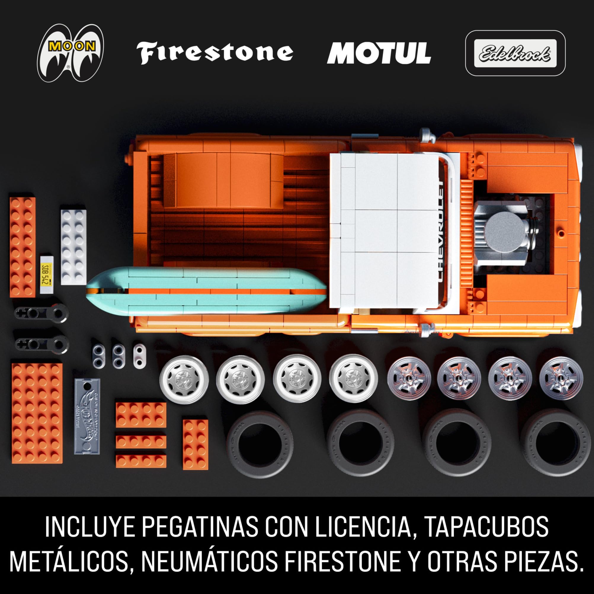 Mattel Brick Shop Hot Wheels Camioneta Custom '62 Chevy con 858 piezas, detalles realistas y pegatinas para personalizarlo, para adultos coleccionistas y niños y niñas a partir de 10 años, JFT20