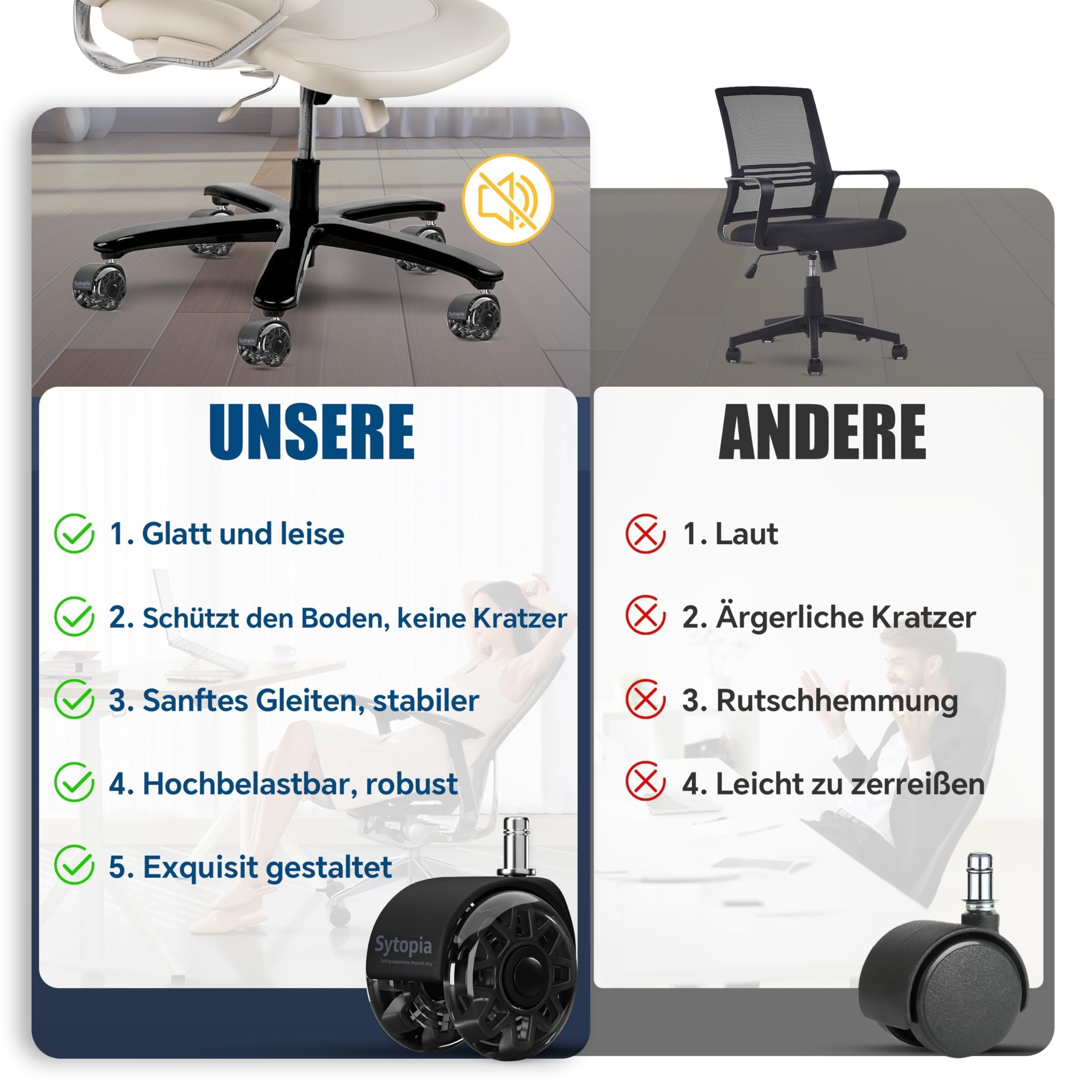 Sytopia 5er Set Bürostuhl Rollen 11x22MM, Große Gummirollen für Bürostühle, Perfekte Rollen für Teppich, Hartboden, Parkettböden, Bürostuhlrollen ersetzen Bodenmatten (Schwarz, Nicht für 1KEA)