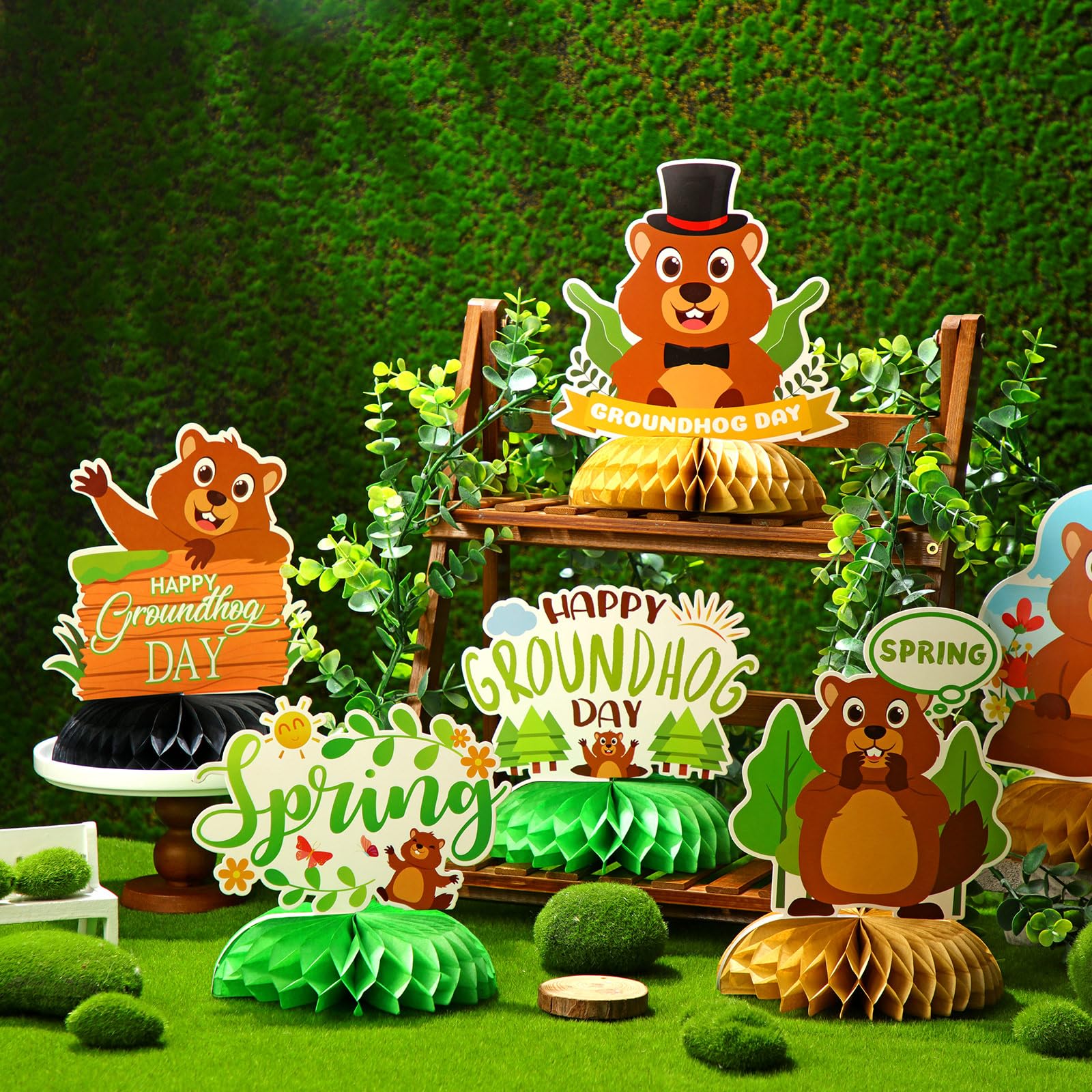 Thinkstar Happy Groundhog Day Honeycomb Centerpieces Cute Cartoon Animals Theme Decor For February 2Nd Holidays Festival Groundhog