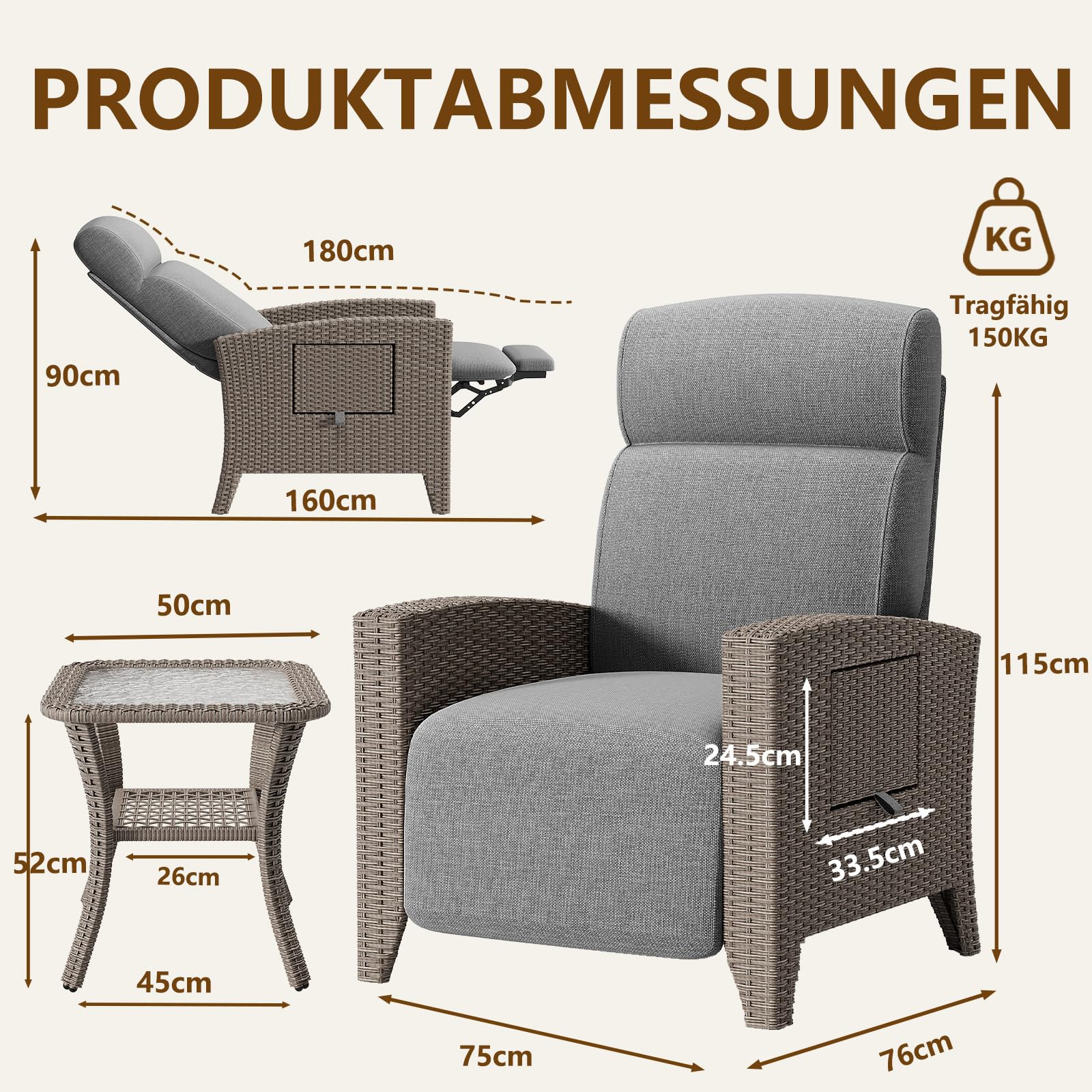 Sedia da Giardino in Rattan, Sedia Sdraio Imbottita da Casa, Portata 200 Kg, Schienale Regolabile a 160°, Tavolino Laterale Integrato, Adatta Per Giardino, Piscina, Balcone (Grigio Marrone, 1pack)