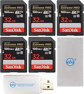 SanDisk 32GB SDHC Extreme Pro (Five Pack) Memory Card Works with for Digital DSLR Camera 4K V30 (SDSDXXO-032G-GN4IN) Bundle with Everything But Stromboli Micro & SD Card Reader & Micro Fiber Cloth