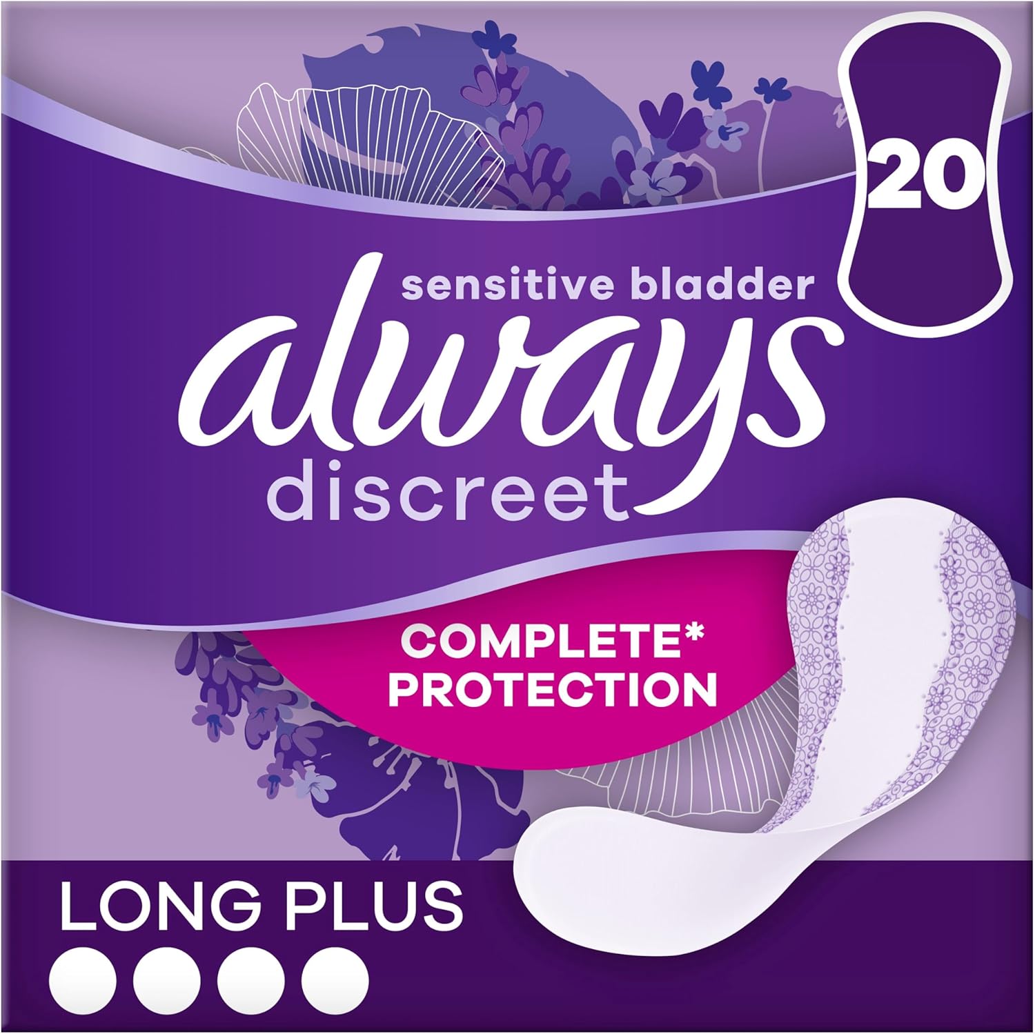 Always Discreet Incontinence Panty Liners for Women, Long Plus, 20 High
