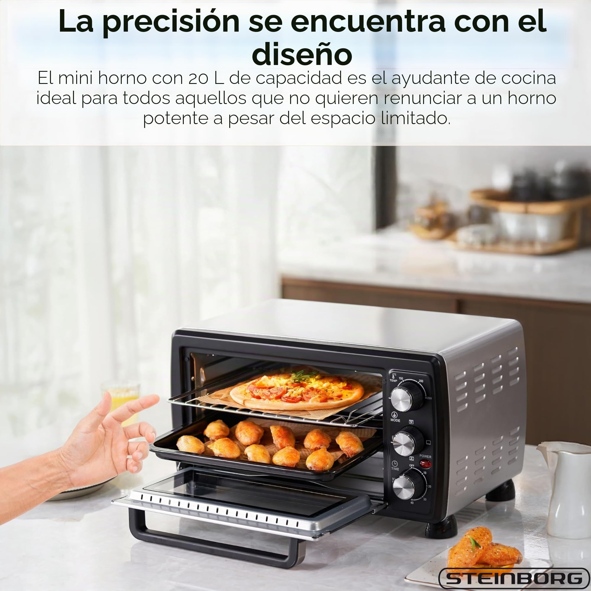 Steinborg Mini horno con convección de 20 litros, 1400 W, para pizza, acampada