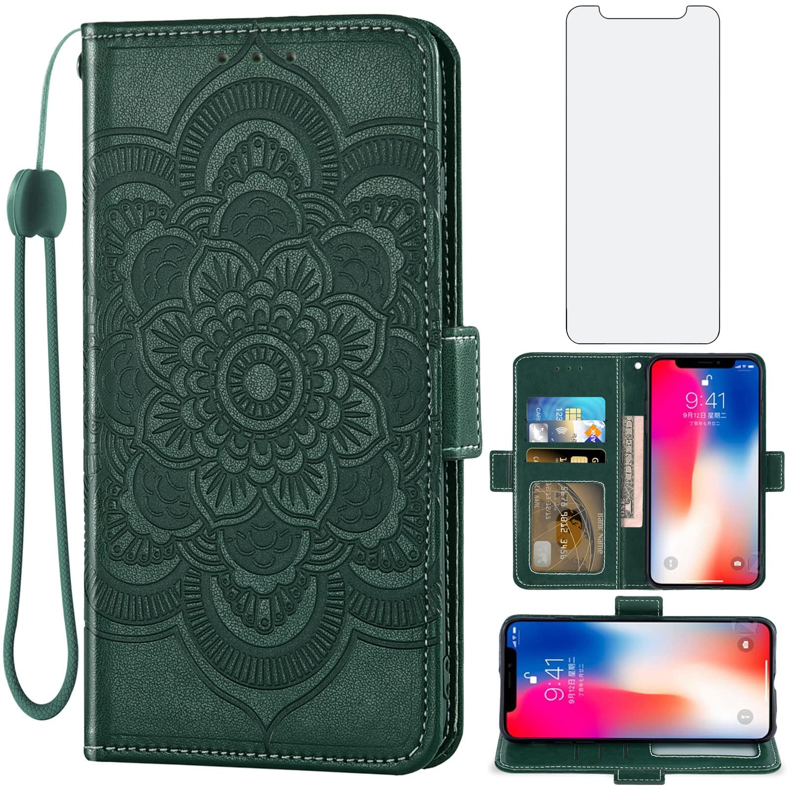 Asuwish Compatible with iPhone Xs X 10 10s Wallet Case Tempered Glass Screen Protector Leather Card Holder Cell Phone Cover for iPhoneX iPhoneXs