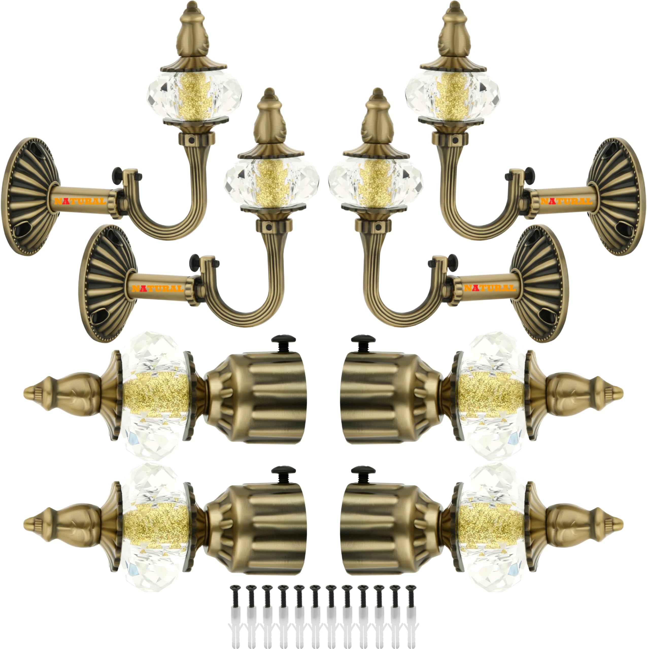 NATURAL Heavy Duty Aluminum Royal Luxury Design Curtain Bracket/Finial and Curtain Support with Screw/Wallplug for Window & Door Curtain Fittings Suitable Upto 1 Inch Pipe. (4 Set, Antique Brass)