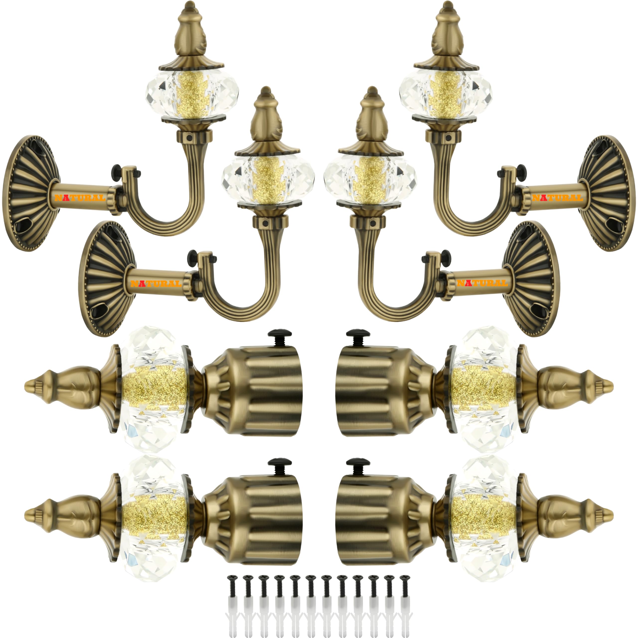 NATURAL Heavy Duty Aluminum Royal Luxury Design Curtain Bracket/Finial and Curtain Support with Screw/Wallplug for Window & Door Curtain Fittings Suitable Upto 1 Inch Pipe. (4 Set, Antique Brass)
