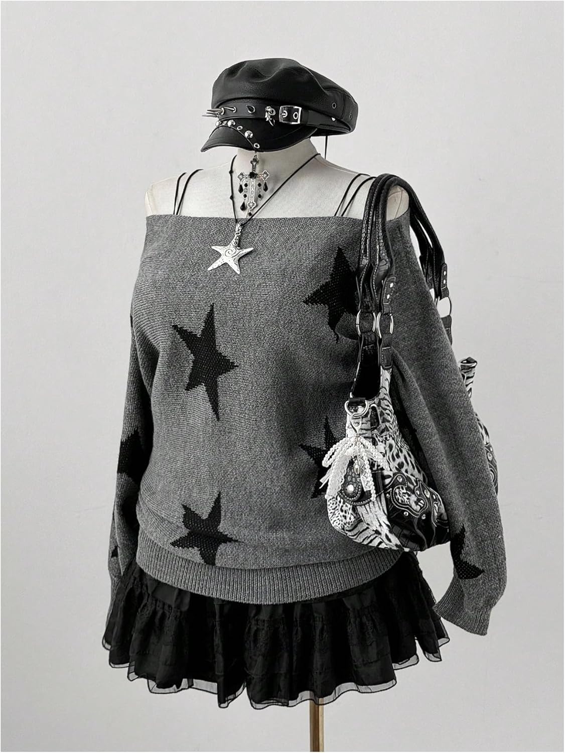 MakeMeChic Women's Plus Size Star Sweater Off The Shoulder Tops Long Sleeve Cozy Knit Pullover - Image 2