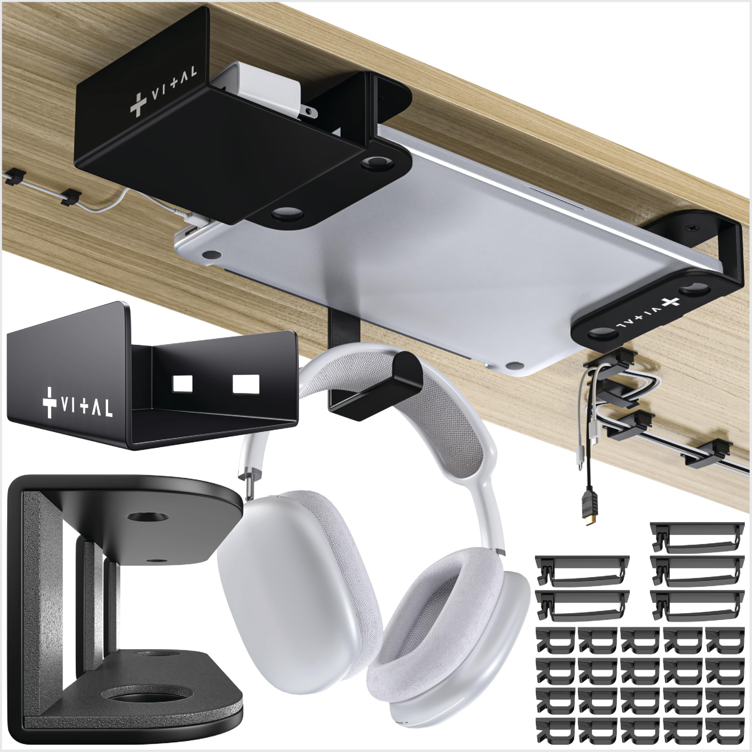 VI+AL Under Desk Laptop Mount - Hidden Metal Shelf with Side Storage, Hook & Cable Organizer - Installs with Tape & Screws - Fits Devices up to 1.7"