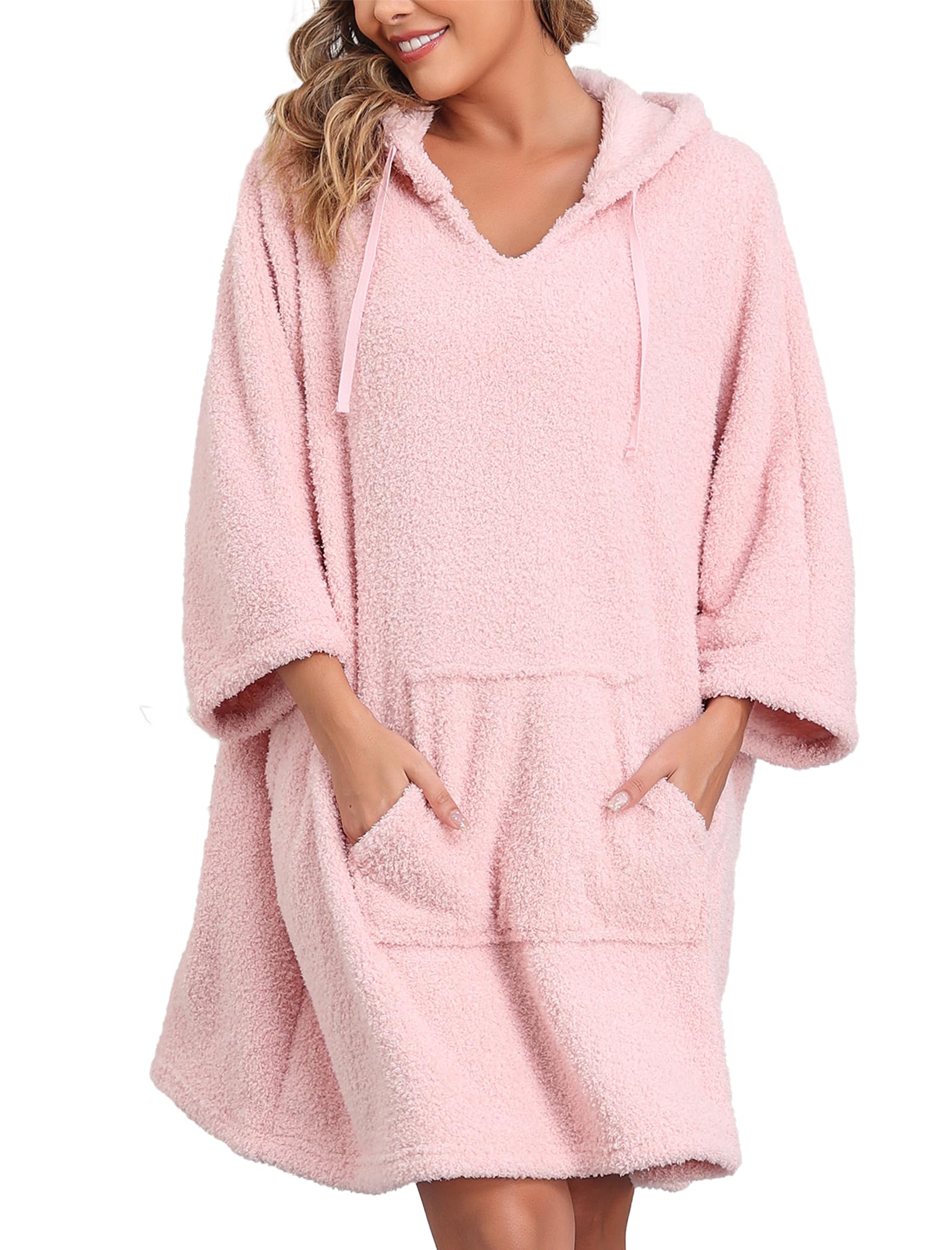 Viakeo Damen Bademantel Tragbare Decken Oversized Badeponcho Fleece Hoodie Sweatshirts Weicher Nachtkleid mit Taschen
