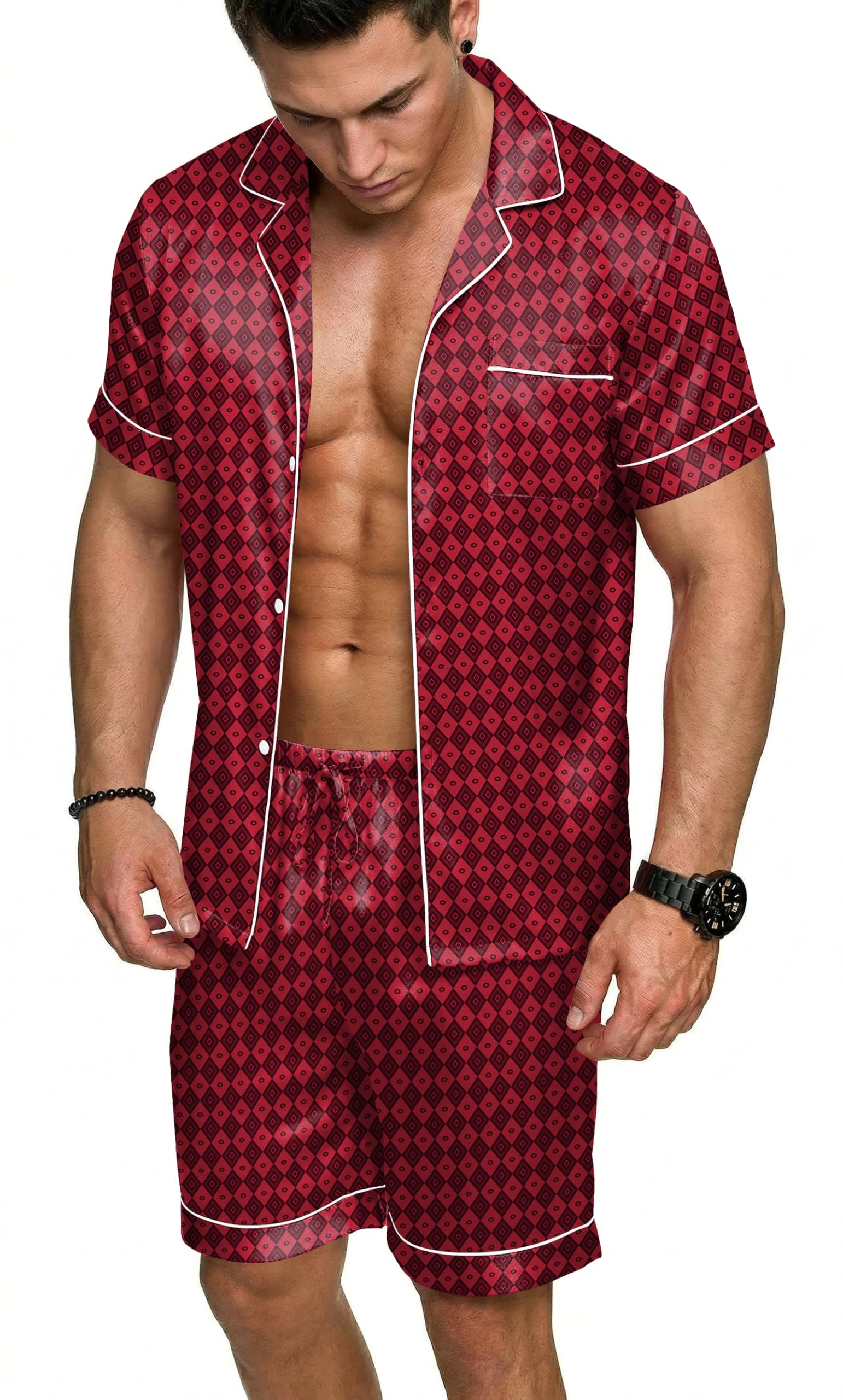 Ekouaer Mens Silk Satin Pajamas Set, Short Sleeve Sleepwear Lightweight Button Up Lounge Pjs Set with Pockets S-4XL — view 25