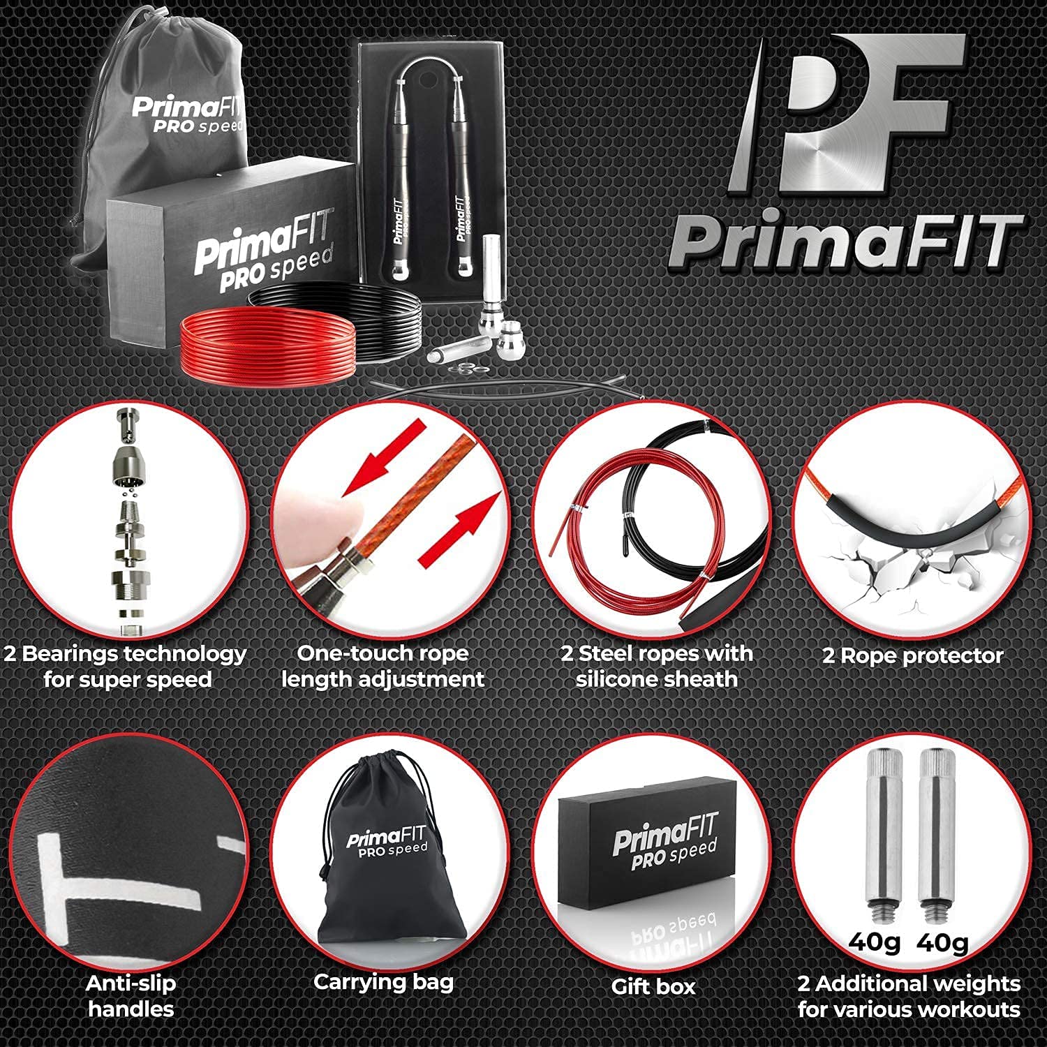 PrimaFIT Pro Speed skakanka dla dorosłych fitness dla mężczyzn i kobiet, obciążona skakanka, 3 m, regulowana, samoblokująca, aluminiowa, bokserska, siłownia, MMA, crossfit, trening, zapasowe,